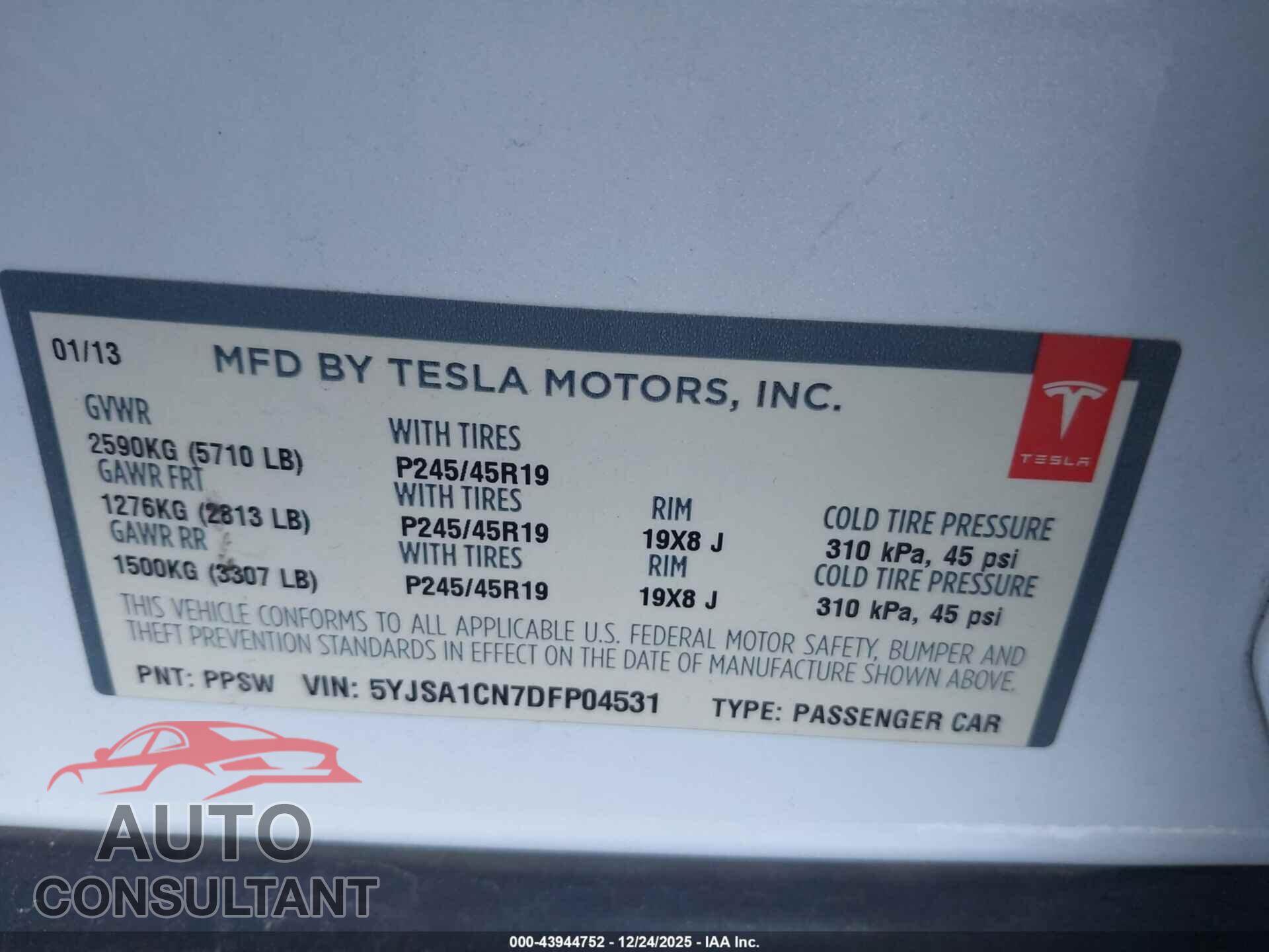 TESLA MODEL S 2013 - 5YJSA1CN7DFP04531