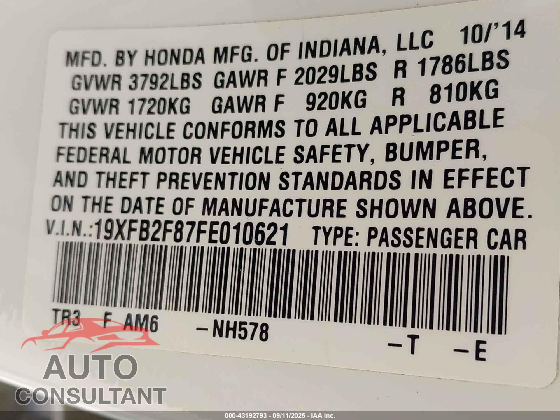 HONDA CIVIC 2015 - 19XFB2F87FE010621