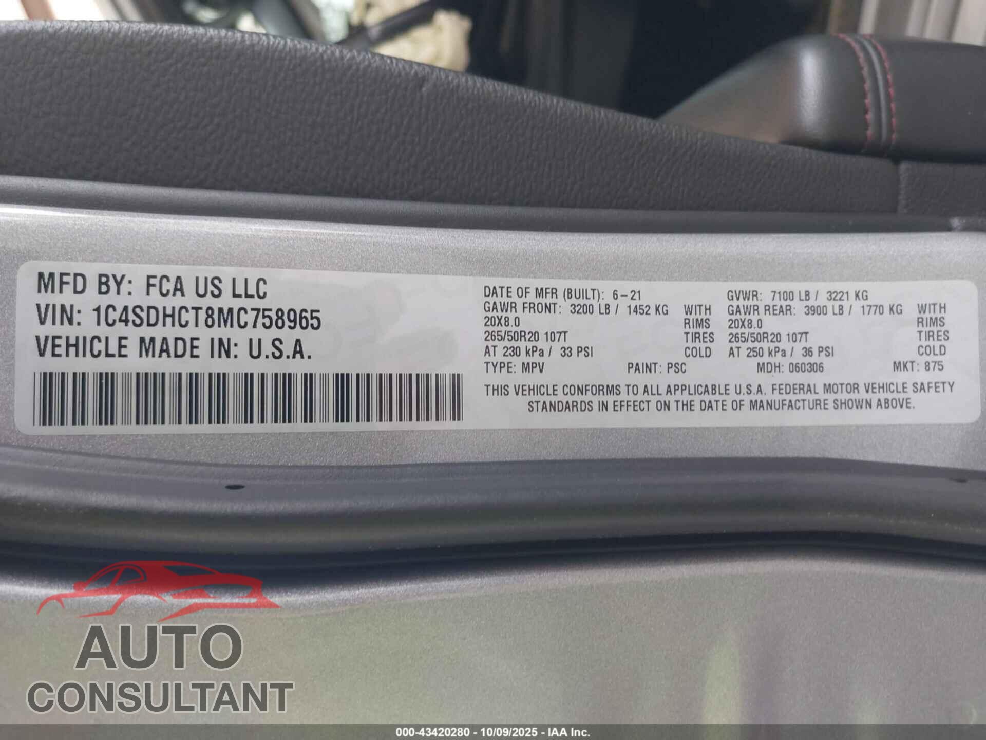 DODGE DURANGO 2021 - 1C4SDHCT8MC758965