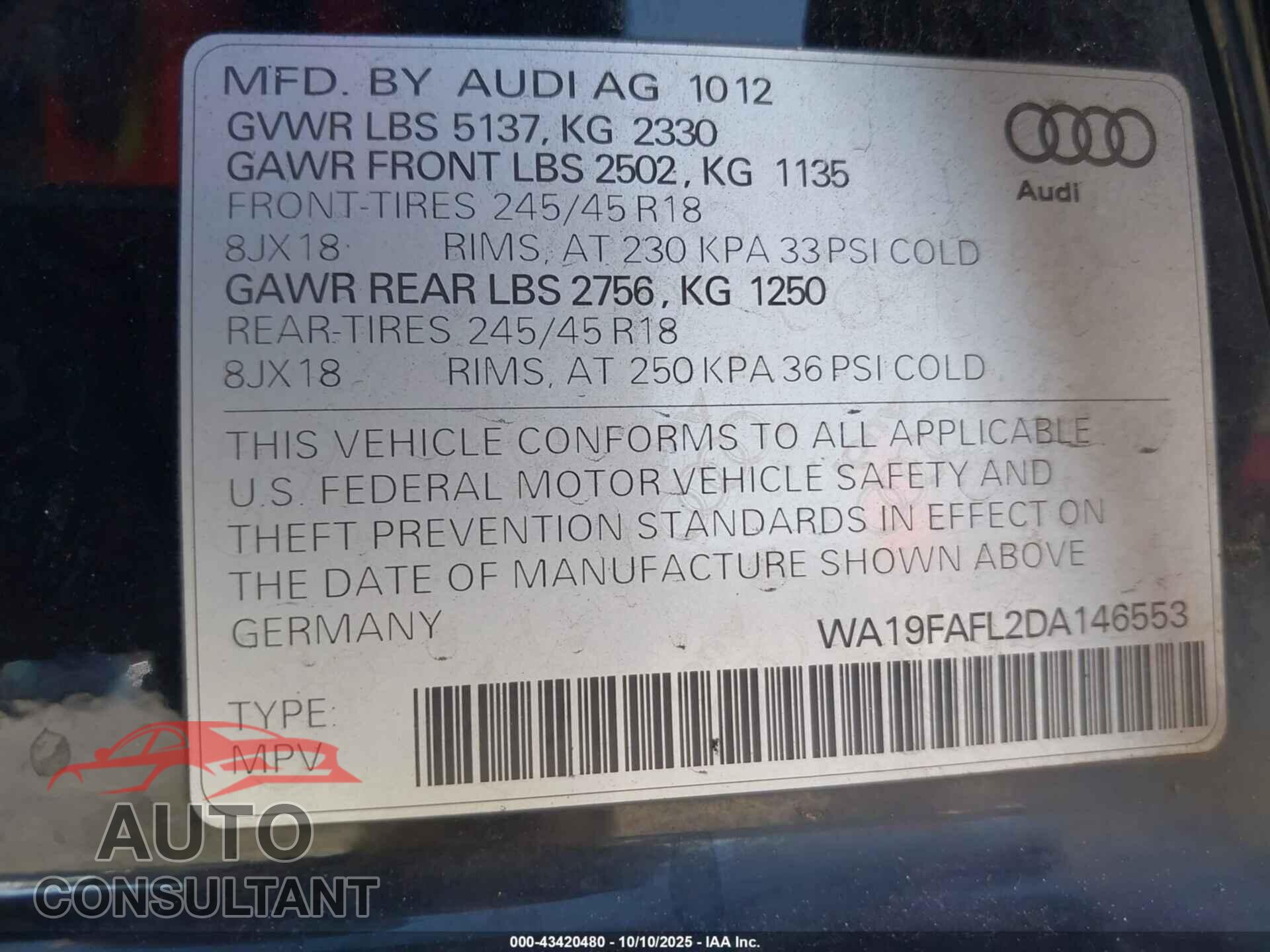 AUDI ALLROAD 2013 - WA19FAFL2DA146553