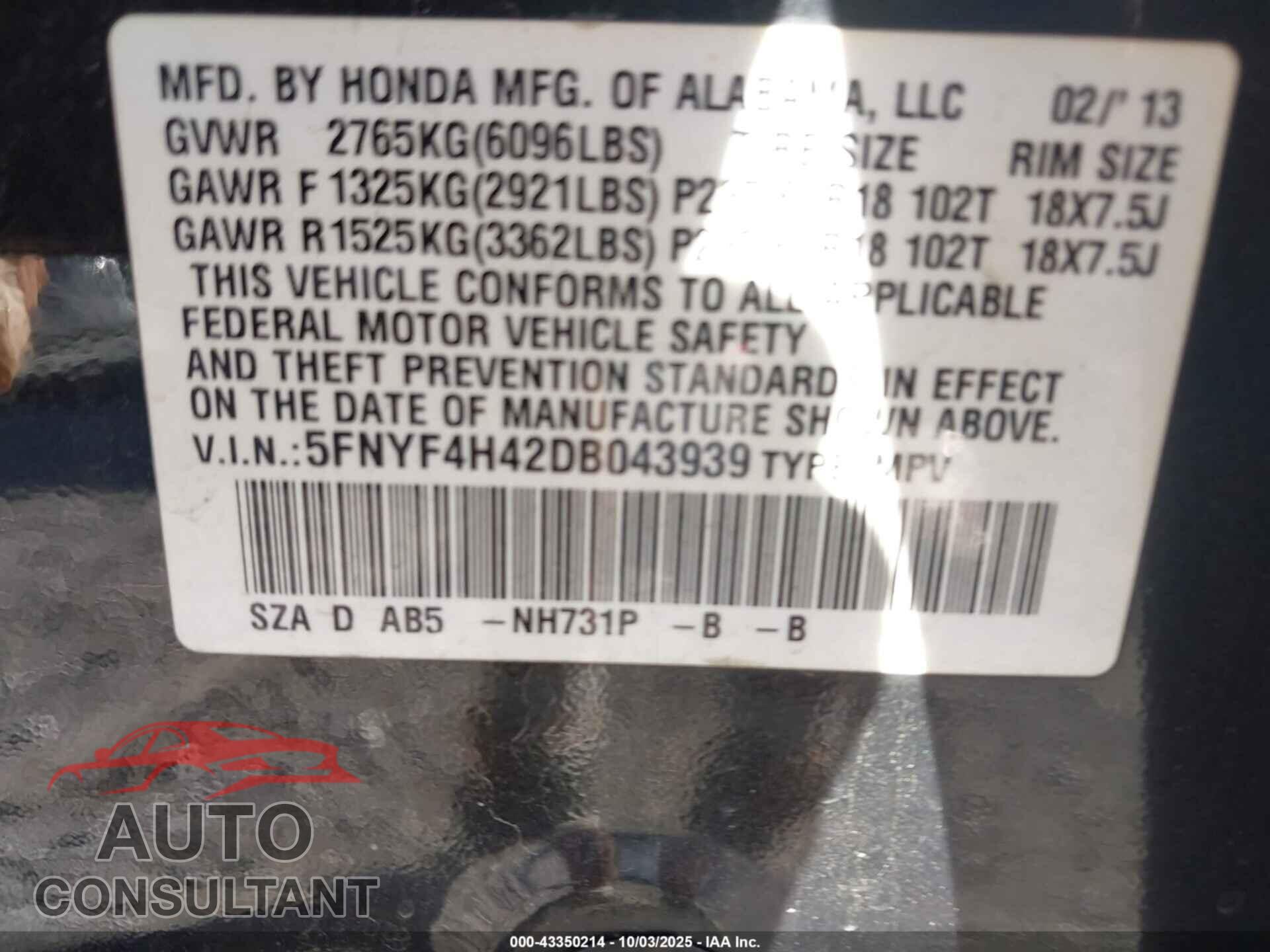 HONDA PILOT 2013 - 5FNYF4H42DB043939
