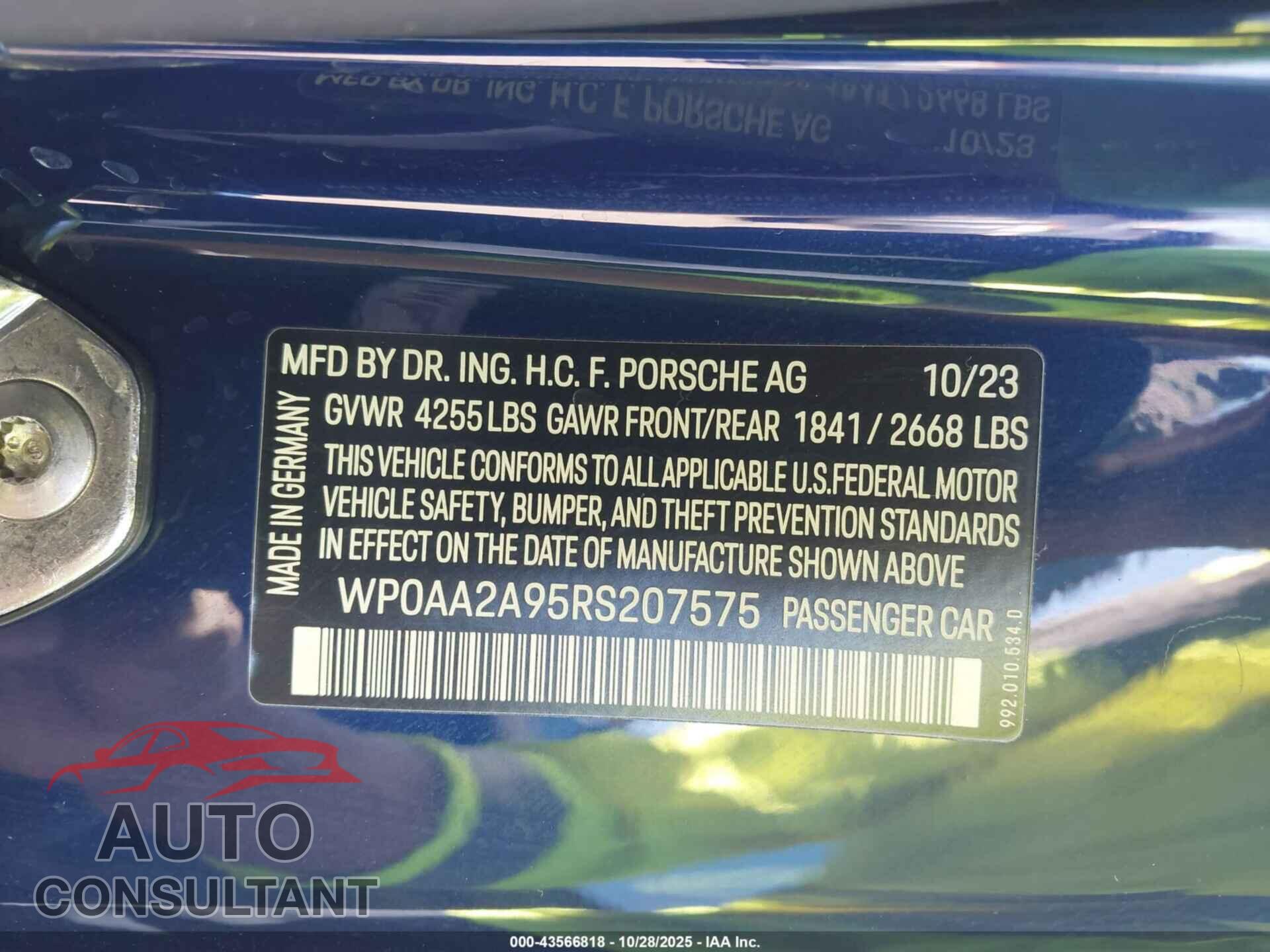 PORSCHE 911 2024 - WP0AA2A95RS207575