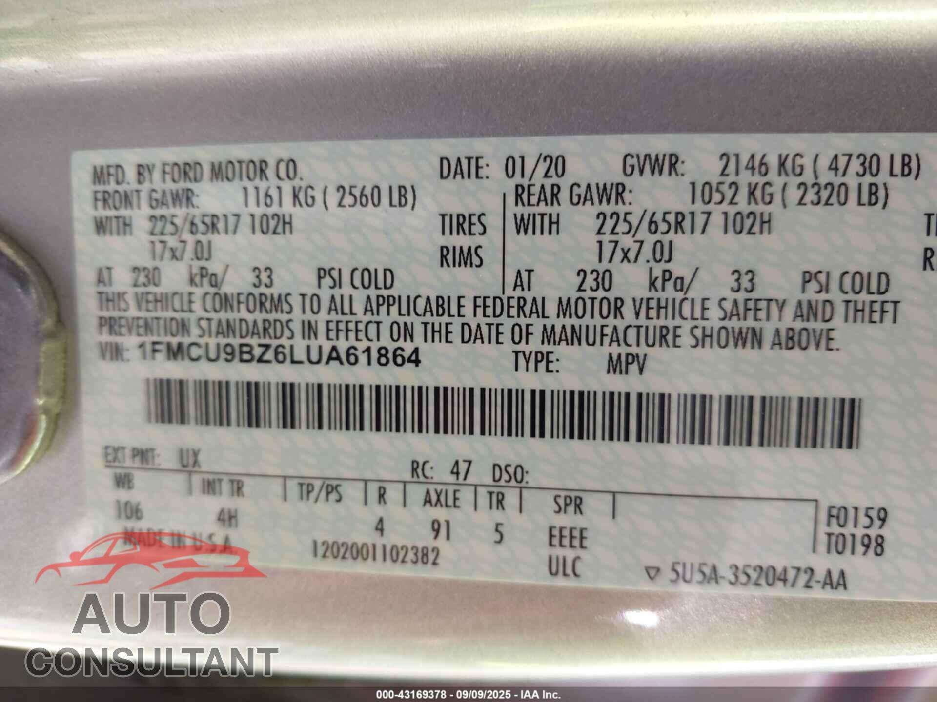 FORD ESCAPE 2020 - 1FMCU9BZ6LUA61864
