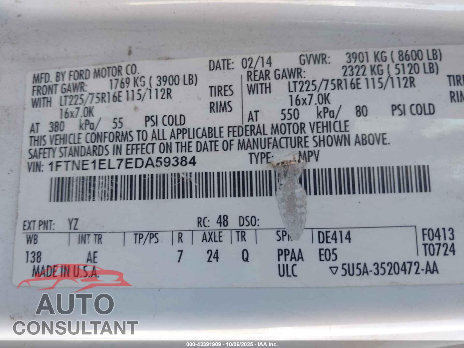 FORD E-150 2014 - 1FTNE1EL7EDA59384