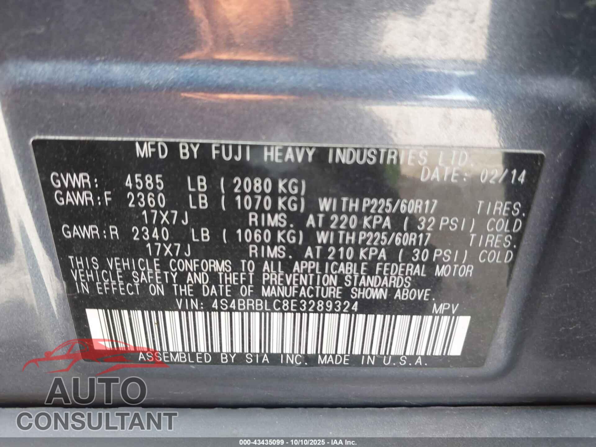 SUBARU OUTBACK 2014 - 4S4BRBLC8E3289324
