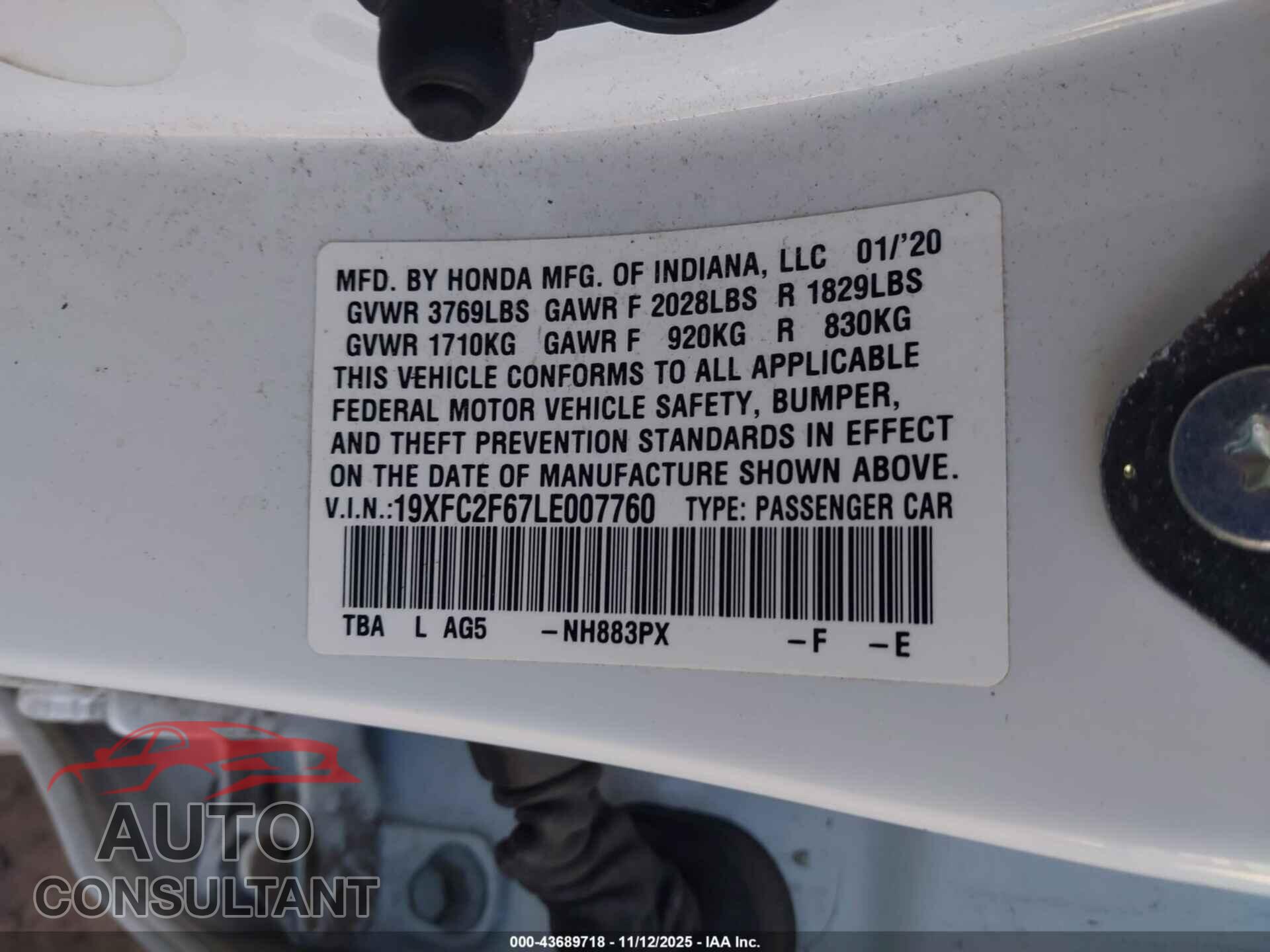 HONDA CIVIC 2020 - 19XFC2F67LE007760