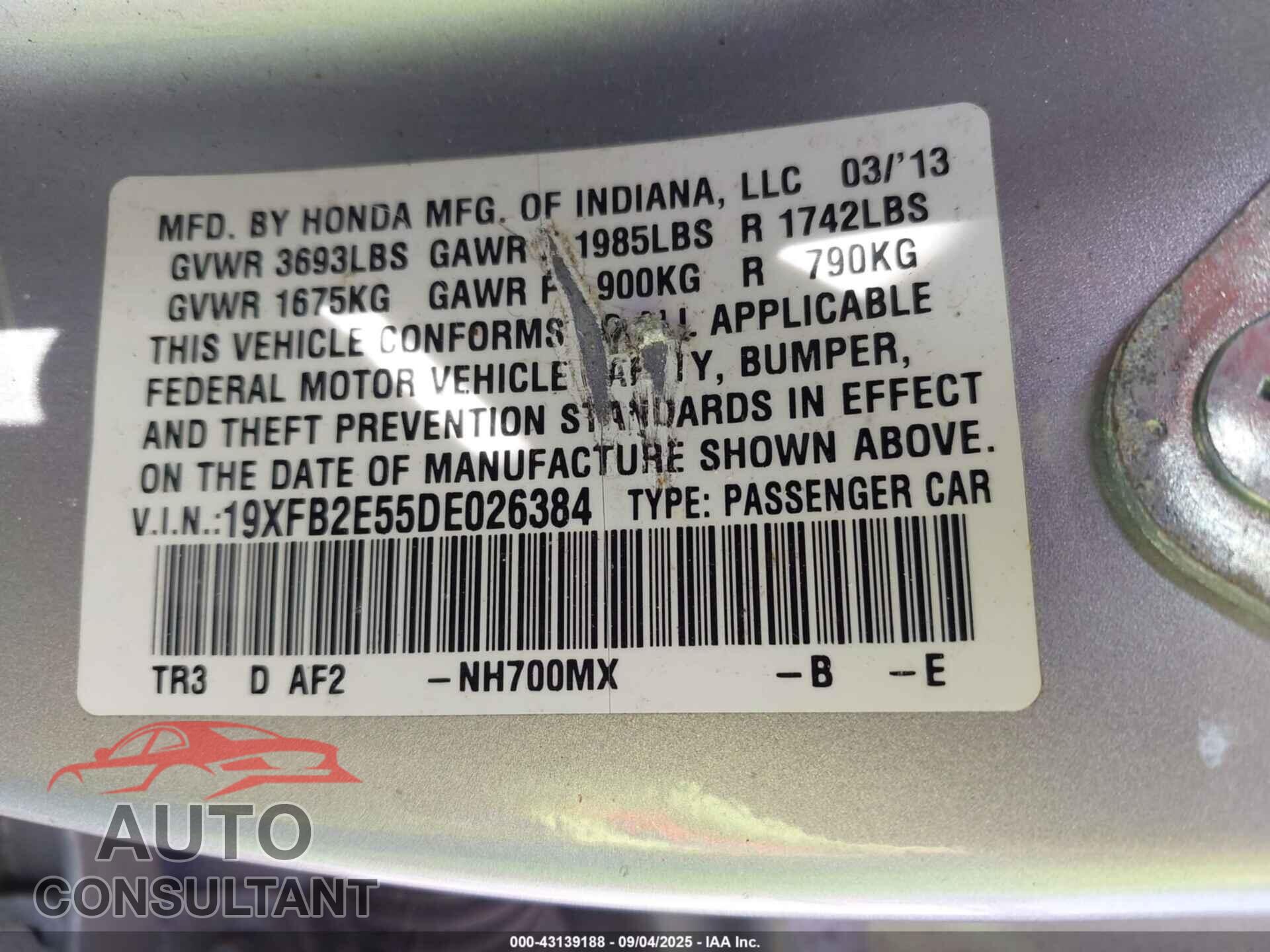 HONDA CIVIC 2013 - 19XFB2E55DE026384
