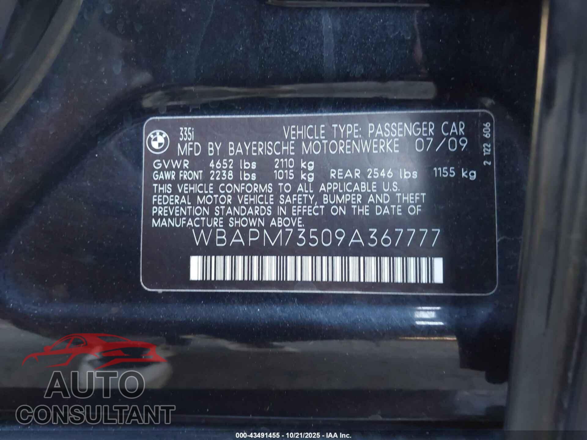 BMW 335I 2009 - WBAPM73509A367777