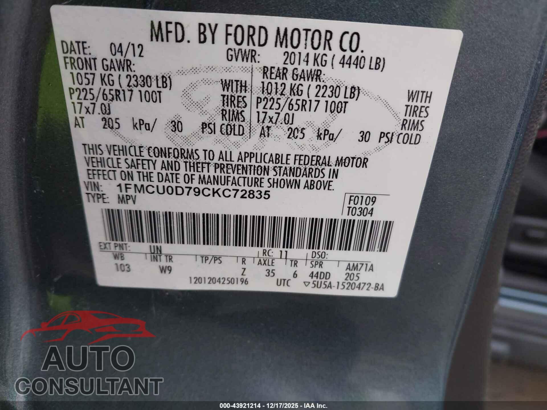 FORD ESCAPE 2012 - 1FMCU0D79CKC72835