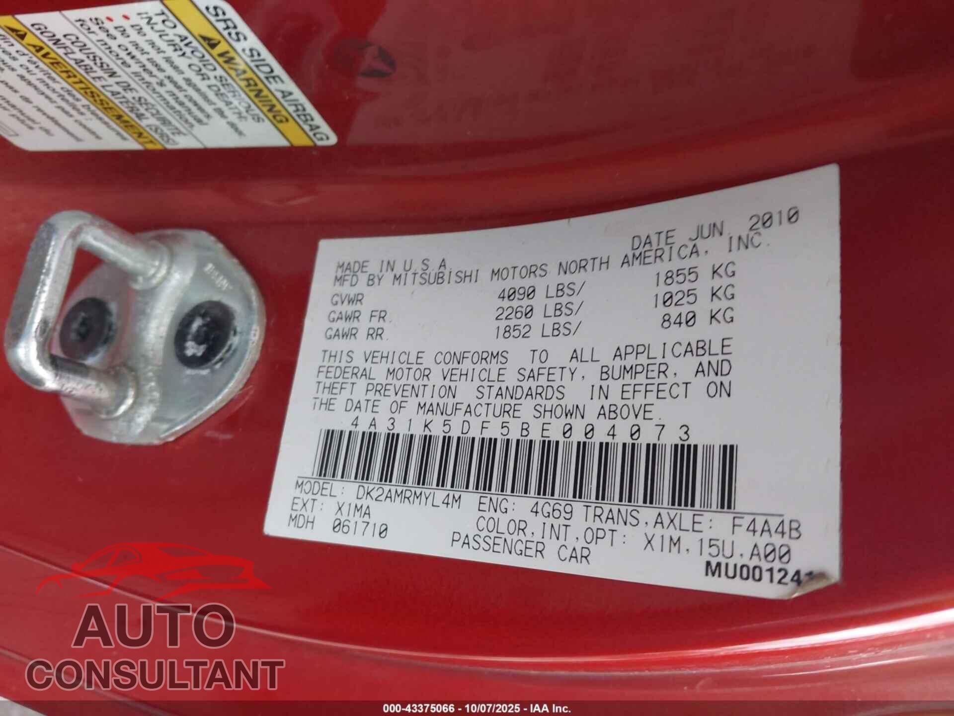 MITSUBISHI ECLIPSE 2011 - 4A31K5DF5BE004073