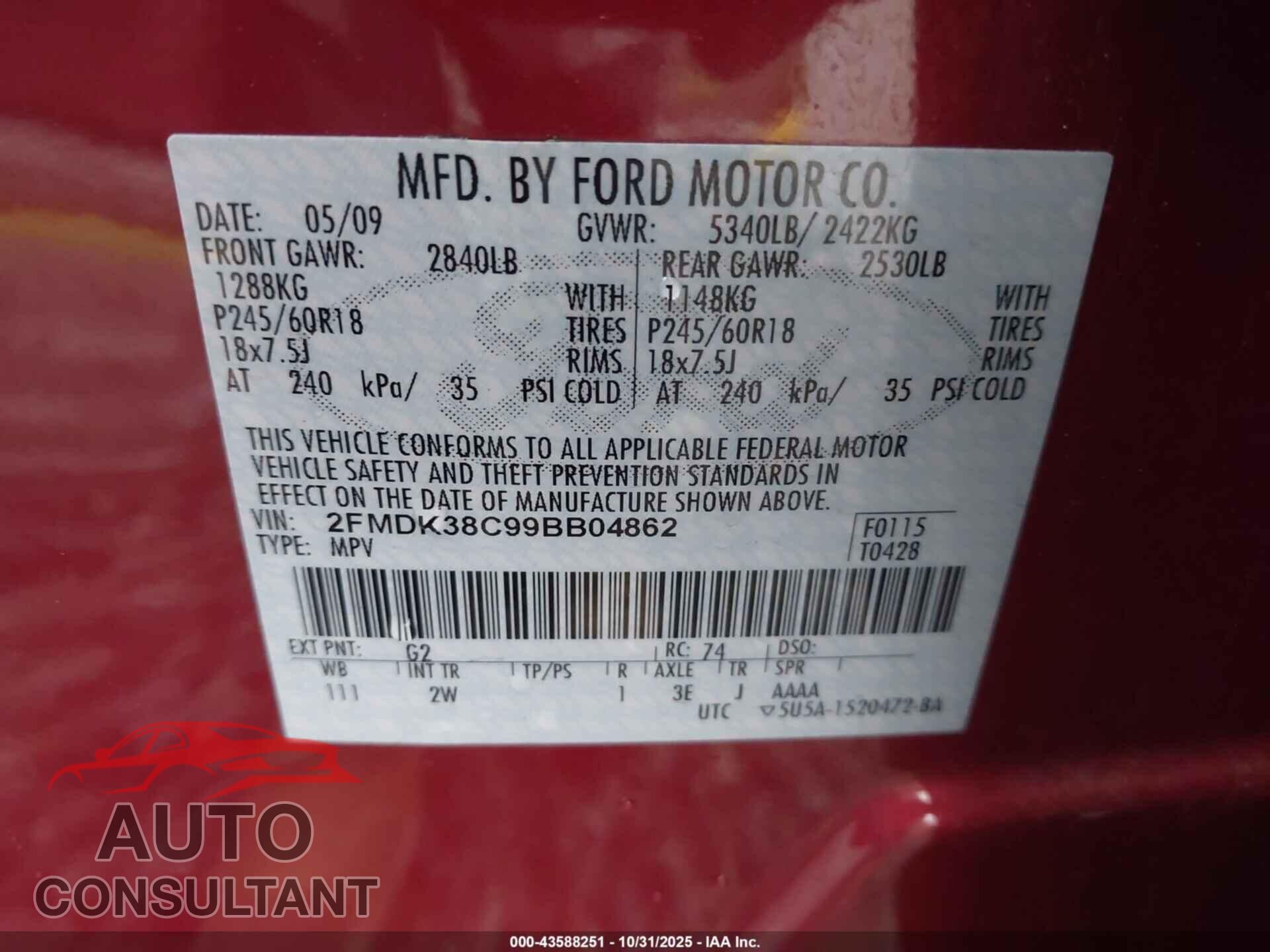 FORD EDGE 2009 - 2FMDK38C99BB04862