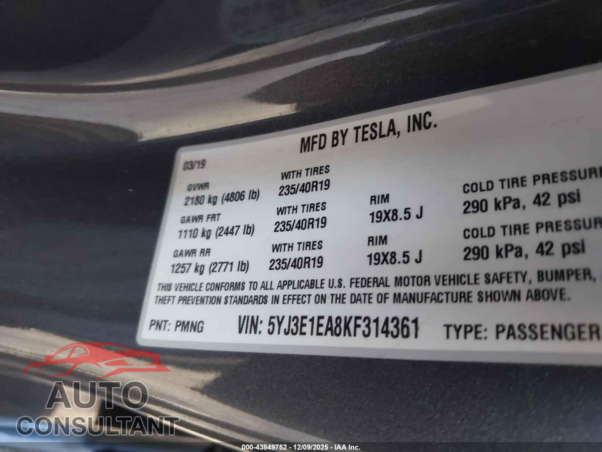 TESLA MODEL 3 2019 - 5YJ3E1EA8KF314361