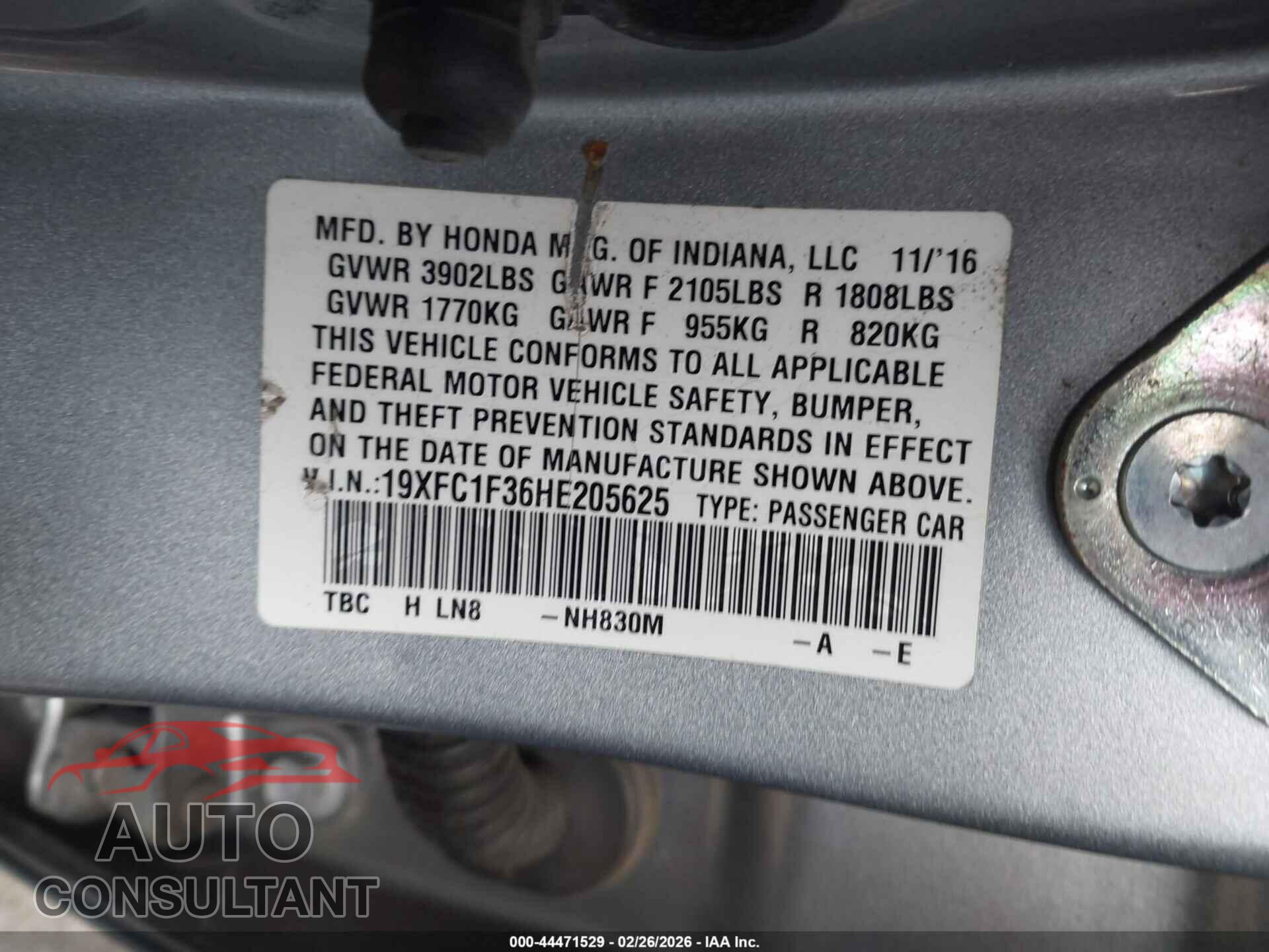 HONDA CIVIC 2017 - 19XFC1F36HE205625