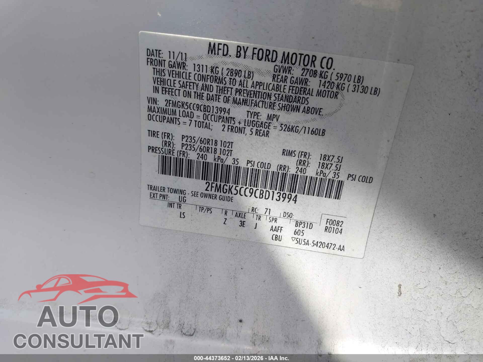 FORD FLEX 2012 - 2FMGK5CC9CBD13994