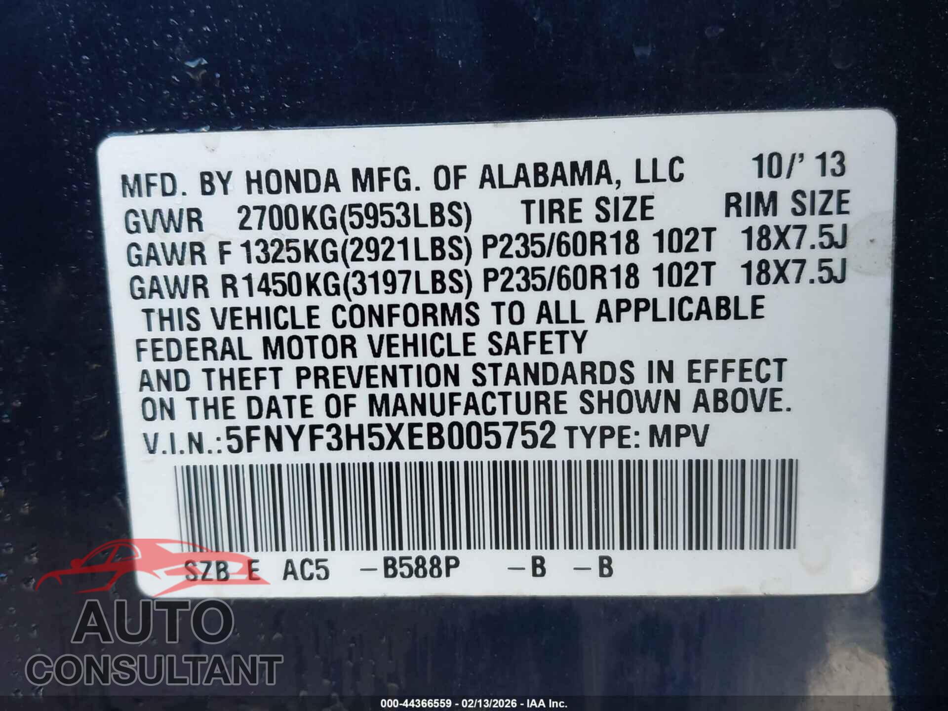 HONDA PILOT 2014 - 5FNYF3H5XEB005752