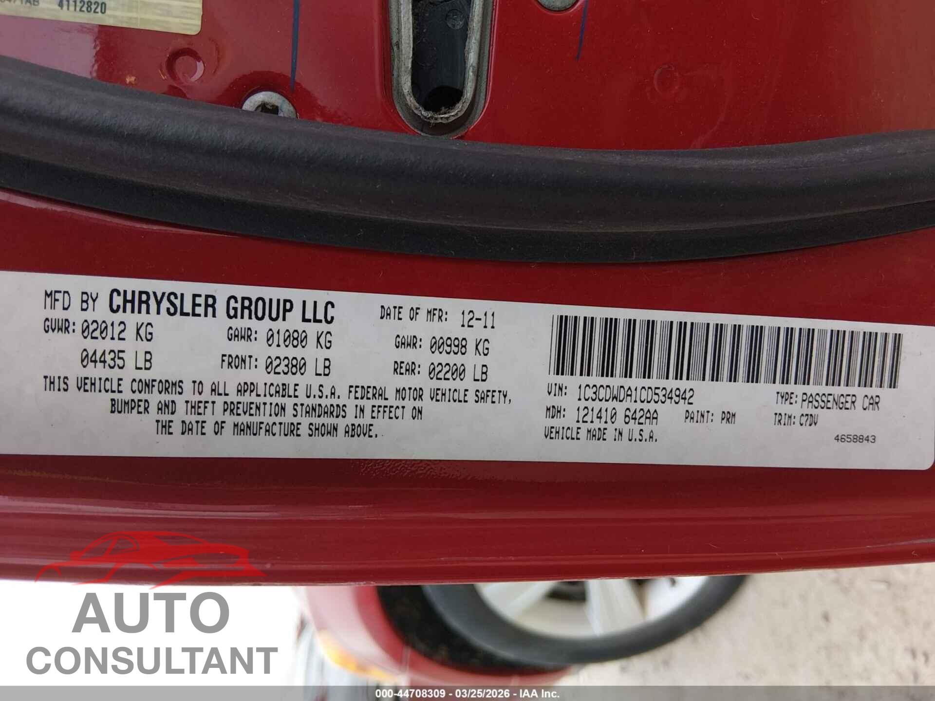 DODGE CALIBER 2012 - 1C3CDWDA1CD534942
