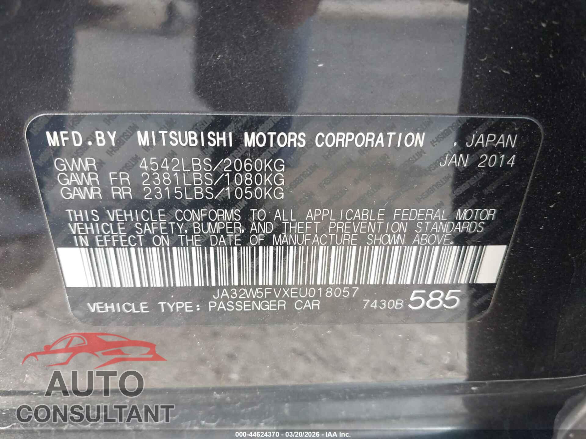 MITSUBISHI LANCER EVOLUTION 2014 - JA32W5FVXEU018057