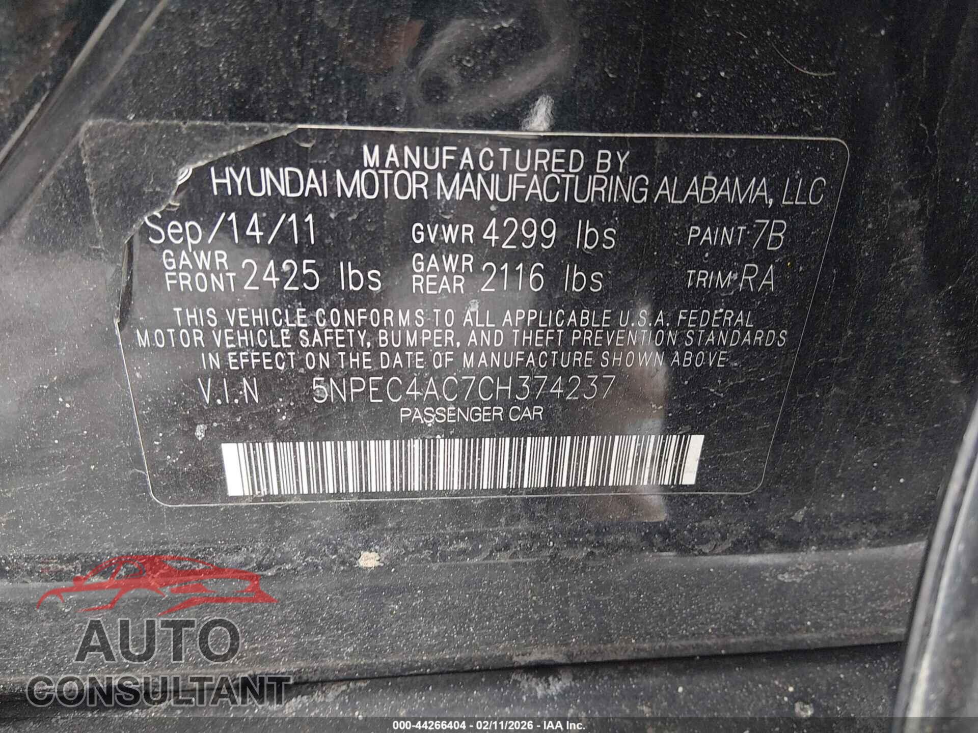 HYUNDAI SONATA 2012 - 5NPEC4AC7CH374237