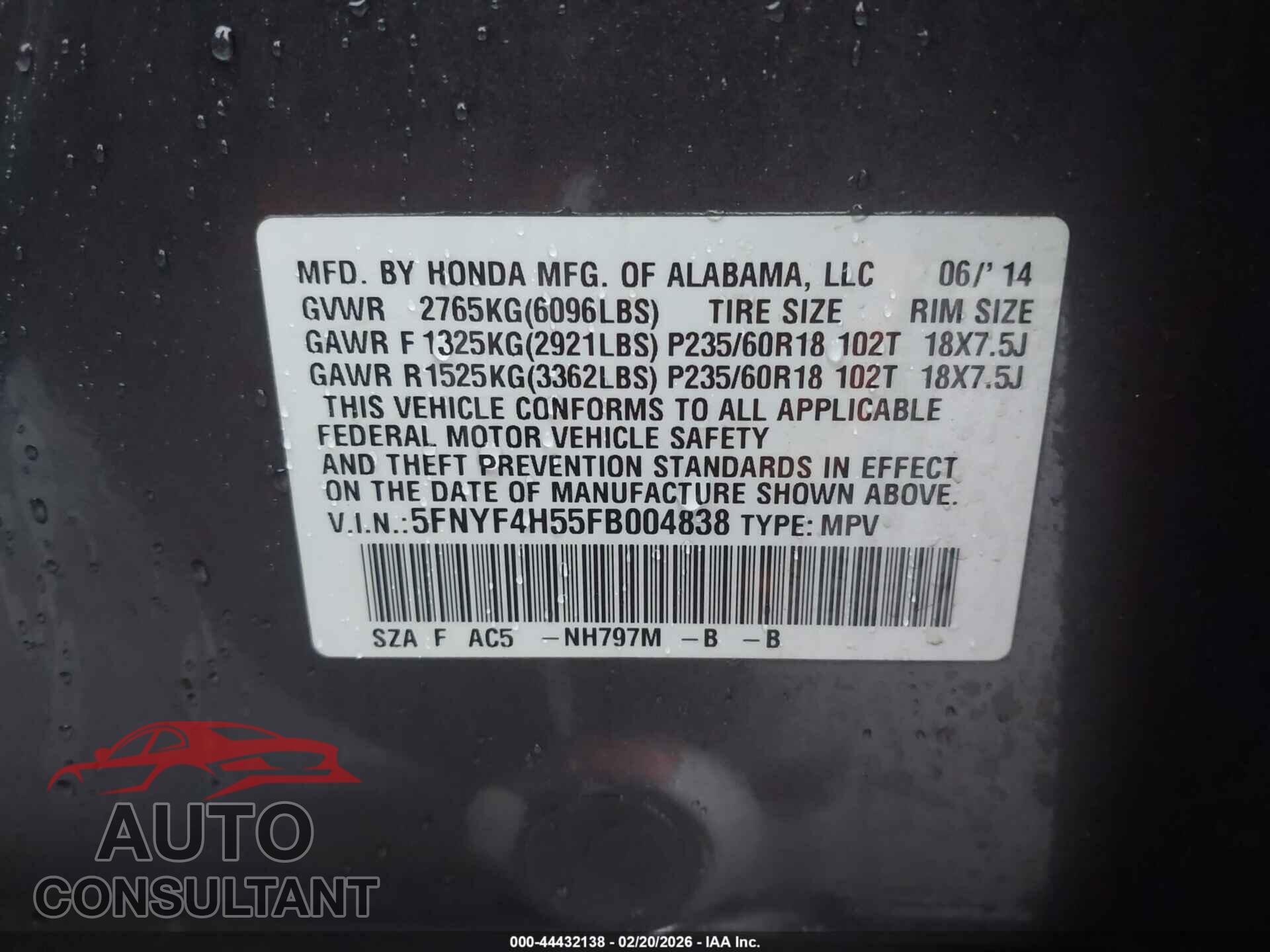 HONDA PILOT 2015 - 5FNYF4H55FB004838