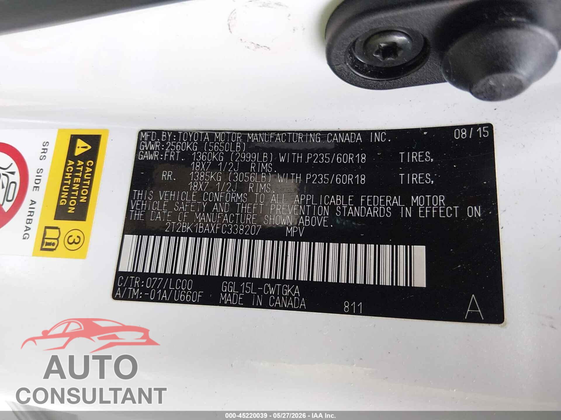 LEXUS RX 350 2015 - 2T2BK1BAXFC338207