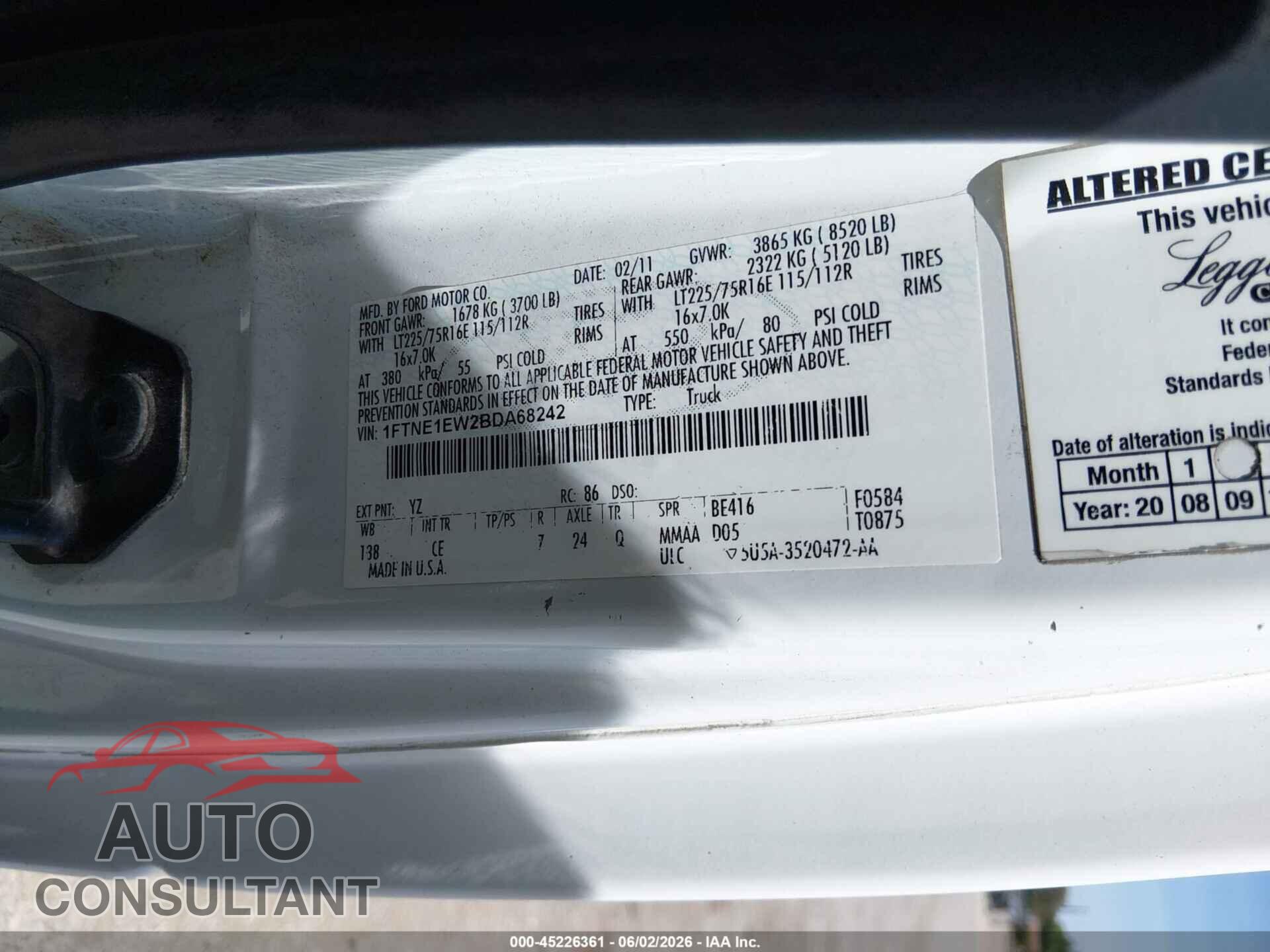 FORD E-150 2011 - 1FTNE1EW2BDA68242