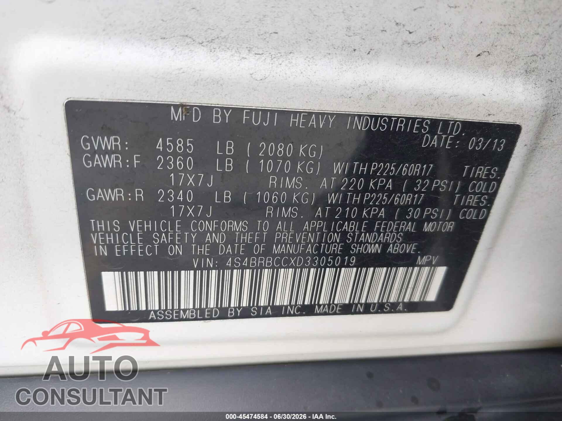 SUBARU OUTBACK 2013 - 4S4BRBCCXD3305019