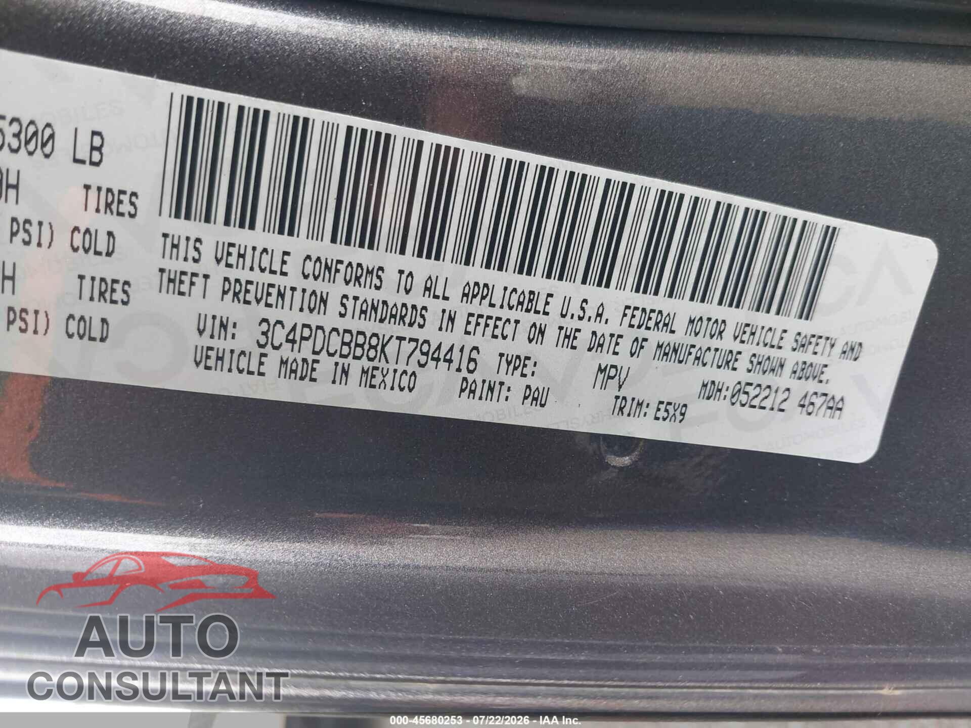 DODGE JOURNEY 2019 - 3C4PDCBB8KT794416
