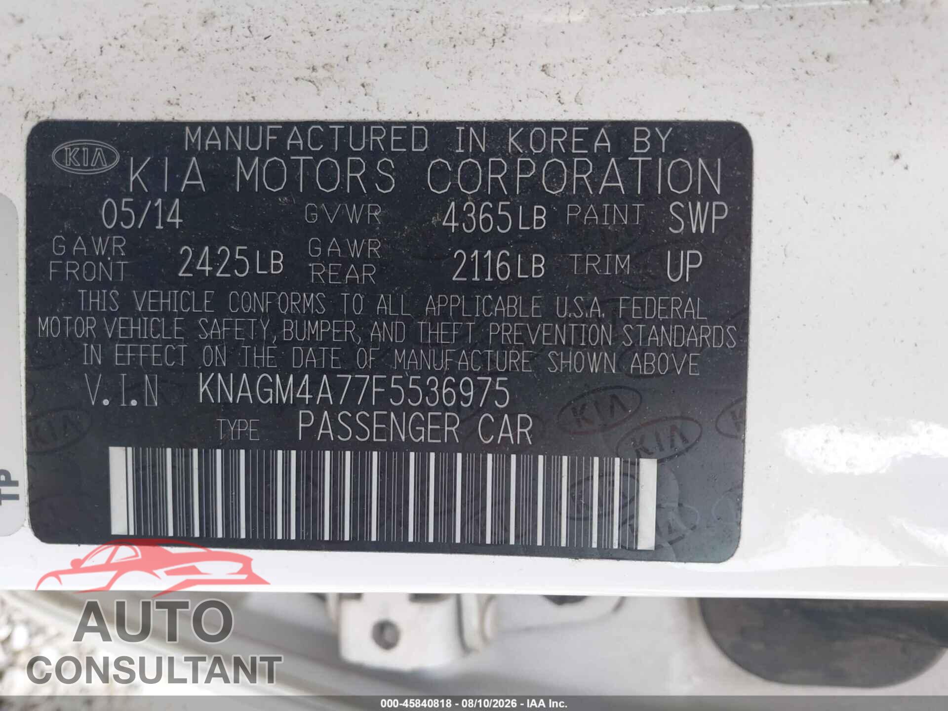 KIA OPTIMA 2015 - KNAGM4A77F5536975