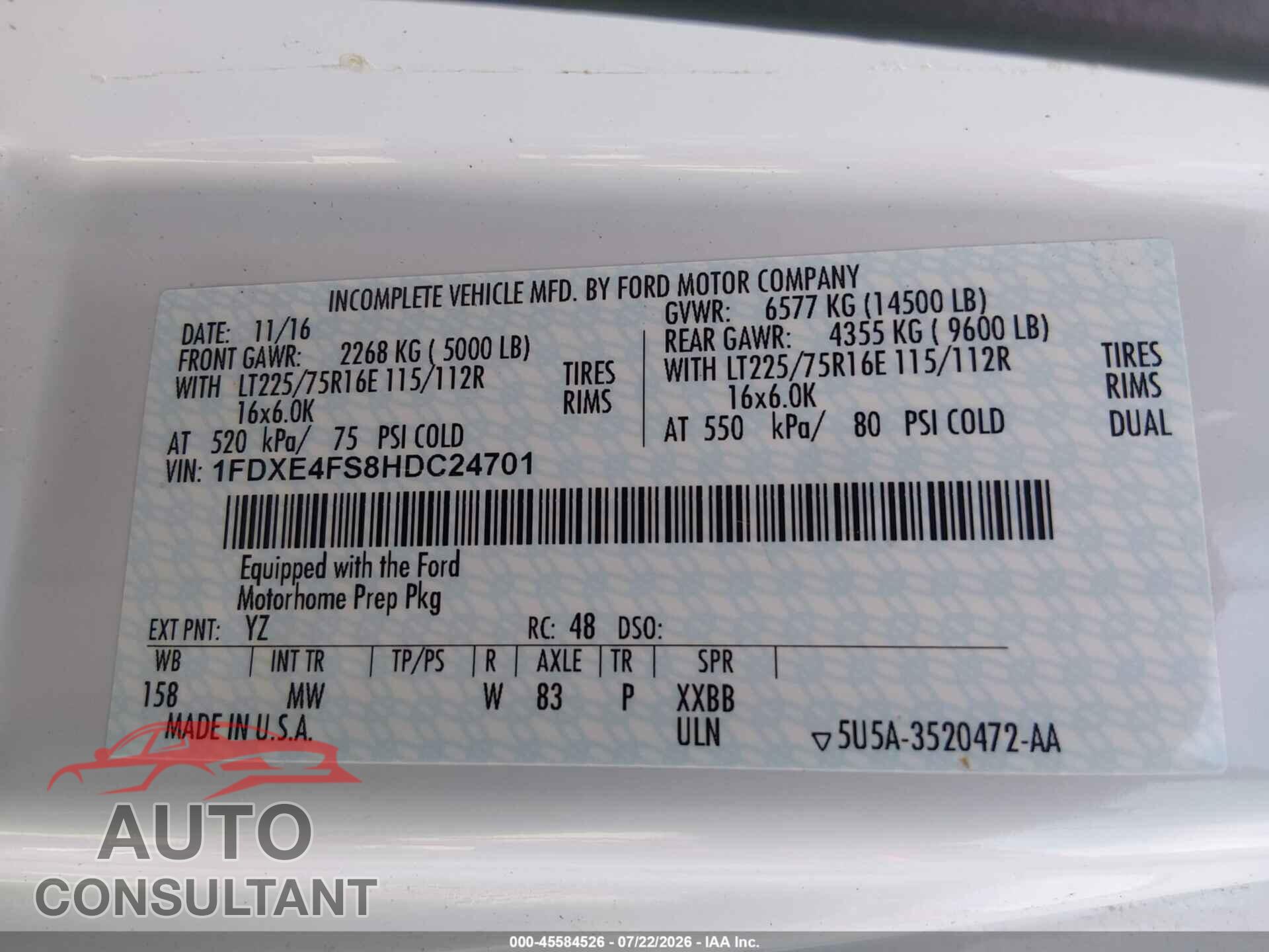 FORD E-450 CUTAWAY 2017 - 1FDXE4FS8HDC24701