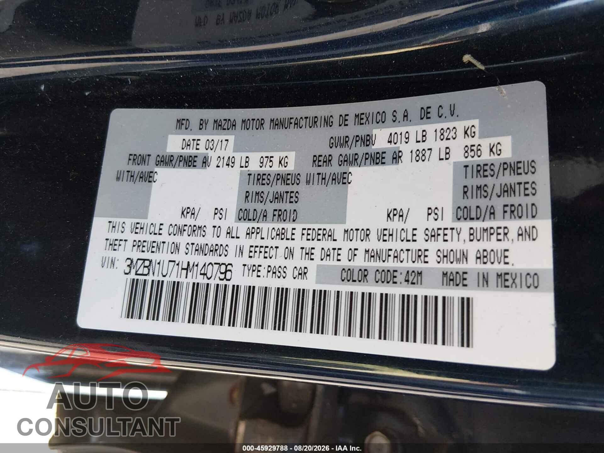 MAZDA MAZDA3 2017 - 3MZBN1U71HM140796