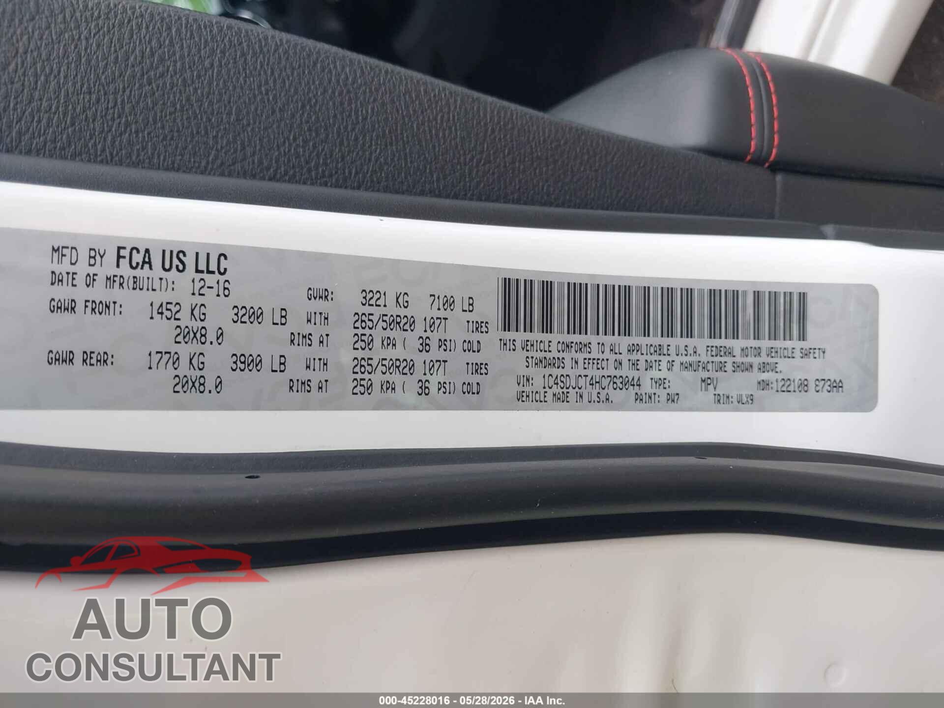 DODGE DURANGO 2017 - 1C4SDJCT4HC763044