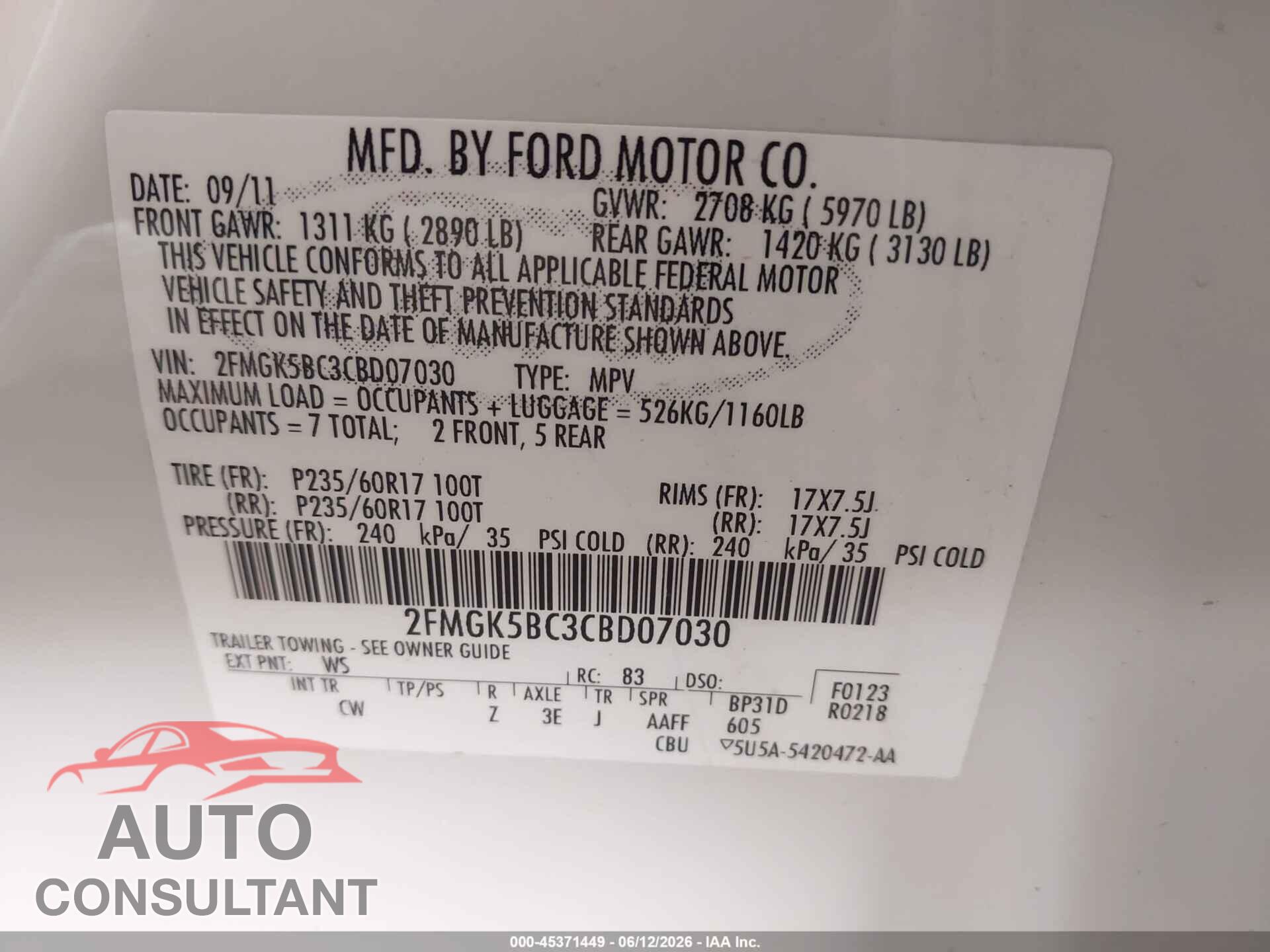 FORD FLEX 2012 - 2FMGK5BC3CBD07030