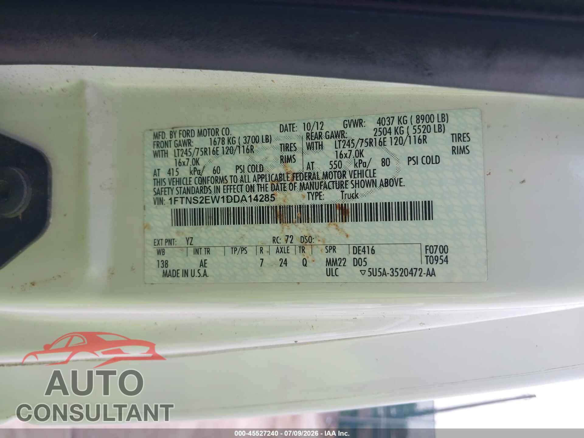 FORD E-250 2013 - 1FTNS2EW1DDA14285