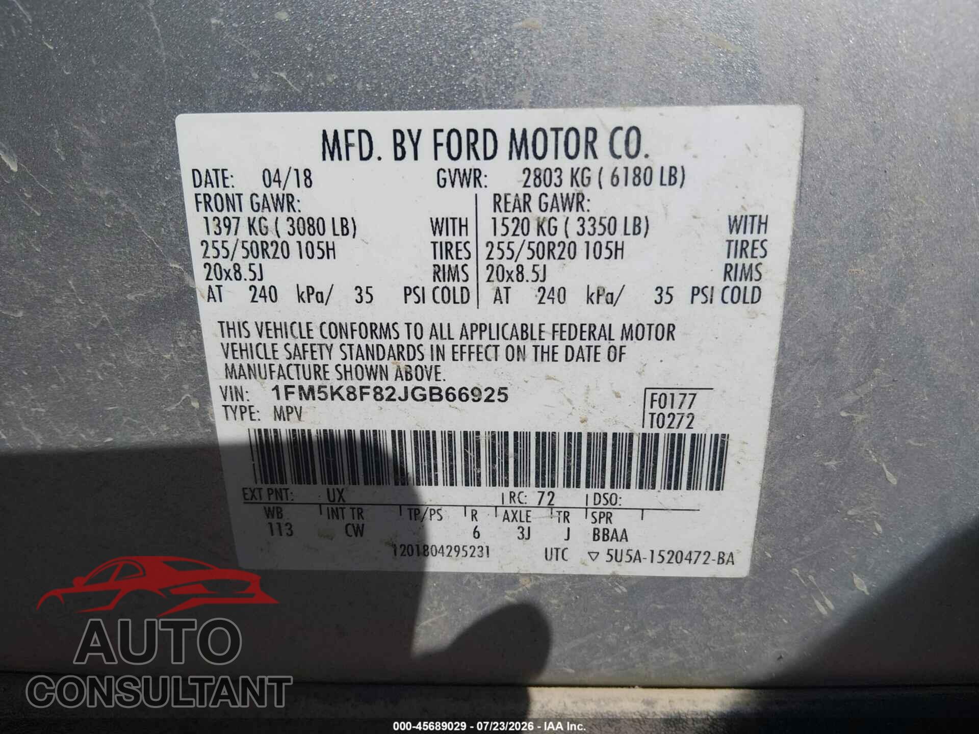 FORD EXPLORER 2018 - 1FM5K8F82JGB66925