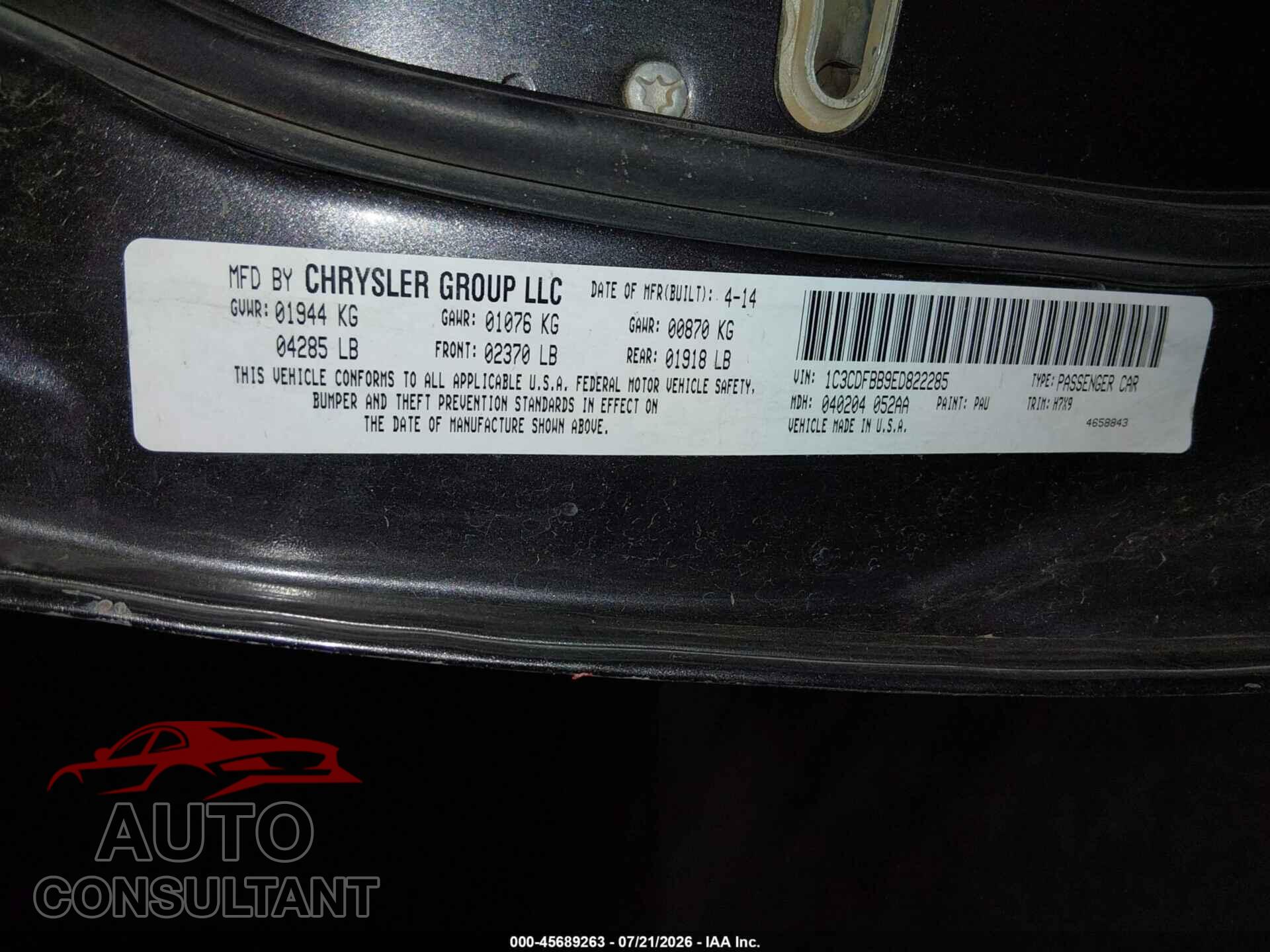 DODGE DART 2014 - 1C3CDFBB9ED822285