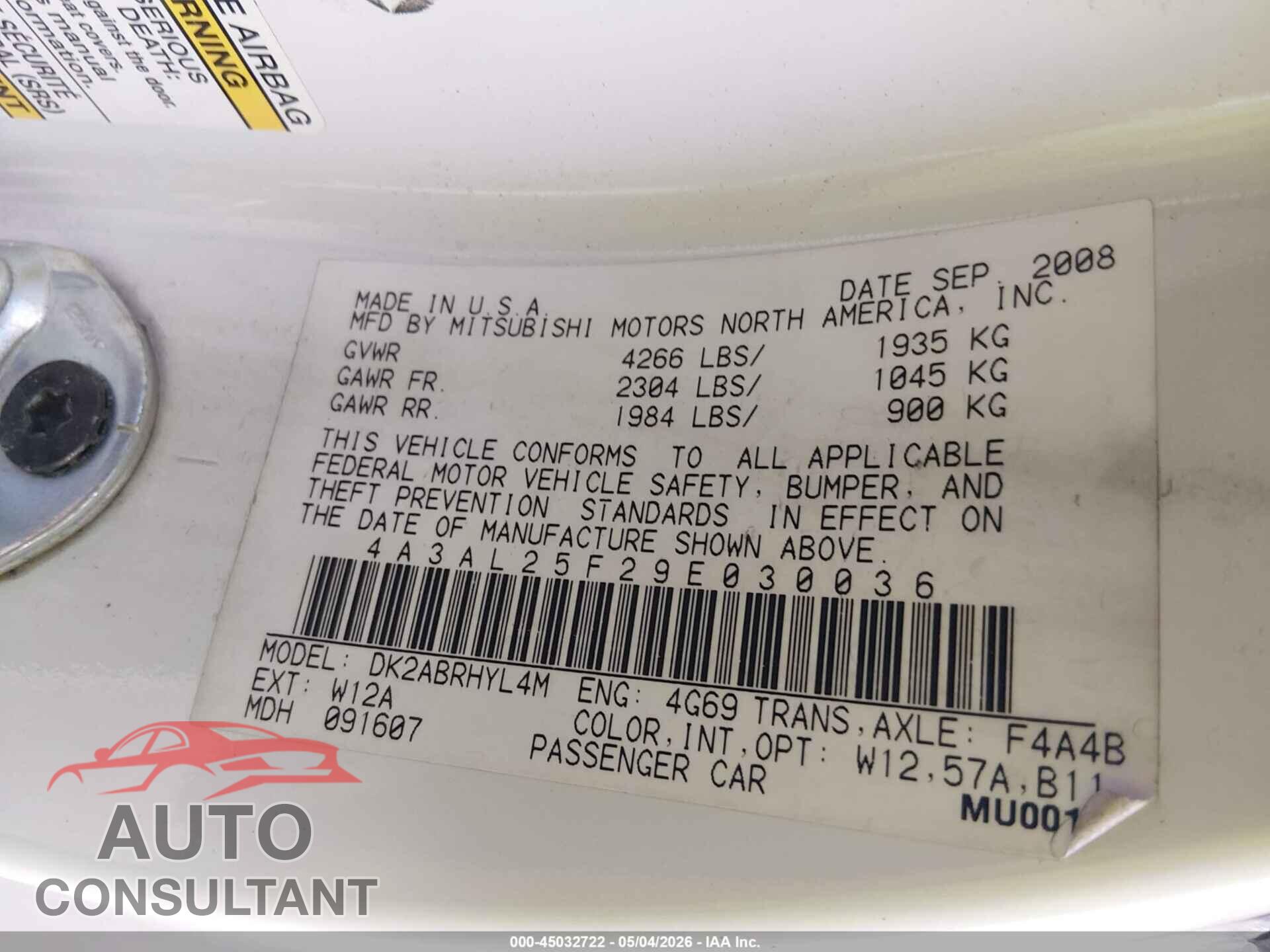 MITSUBISHI ECLIPSE SPYDER 2009 - 4A3AL25F29E030036