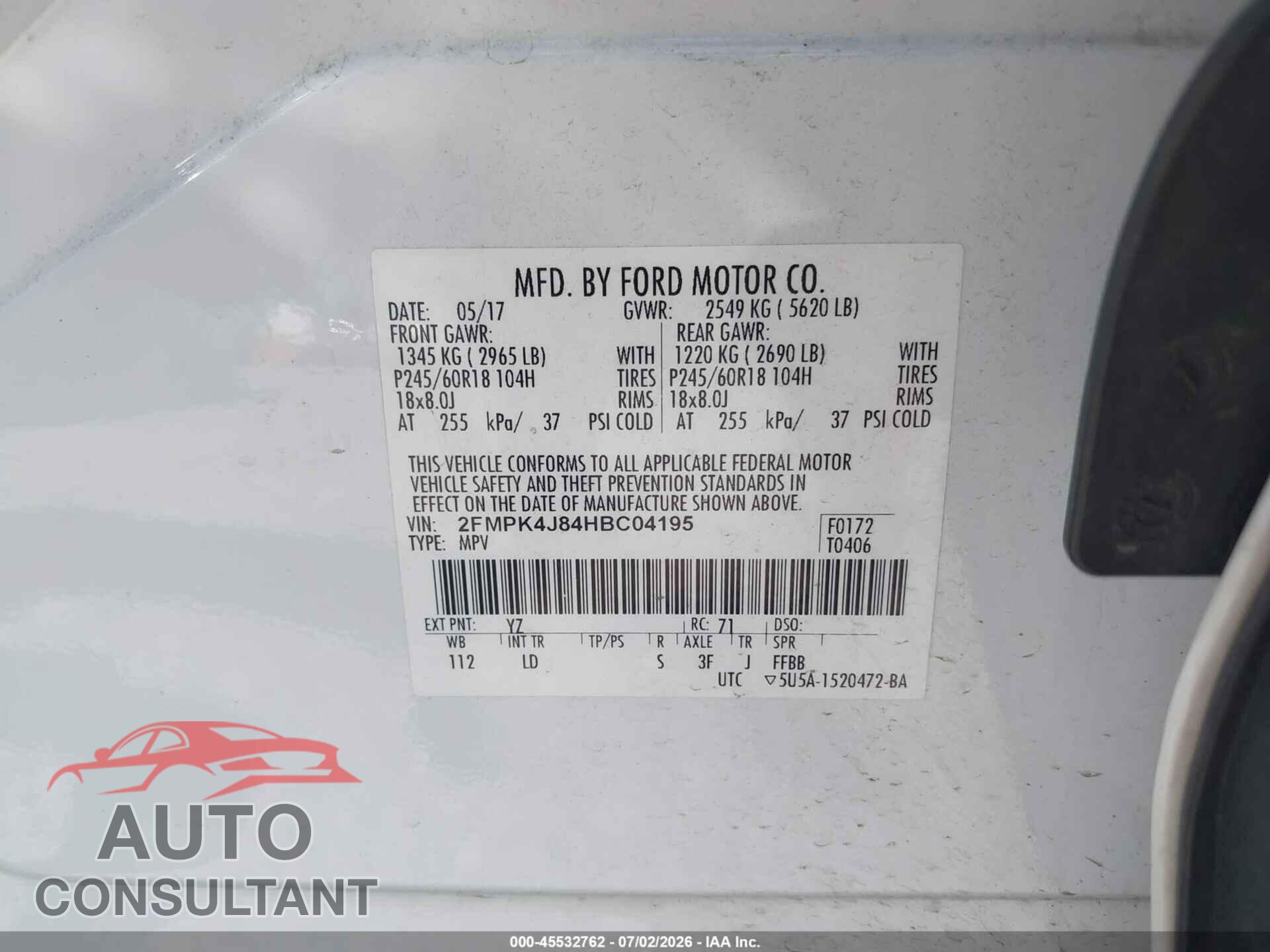 FORD EDGE 2017 - 2FMPK4J84HBC04195