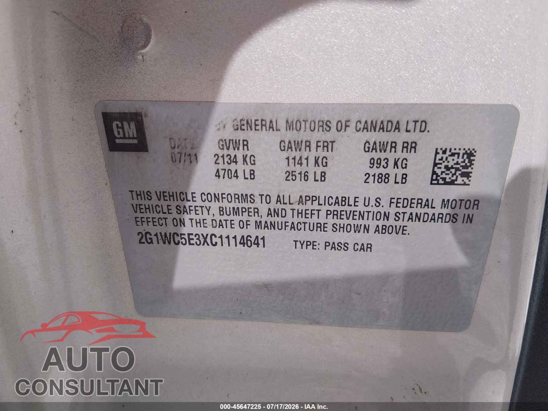 CHEVROLET IMPALA 2012 - 2G1WC5E3XC1114641
