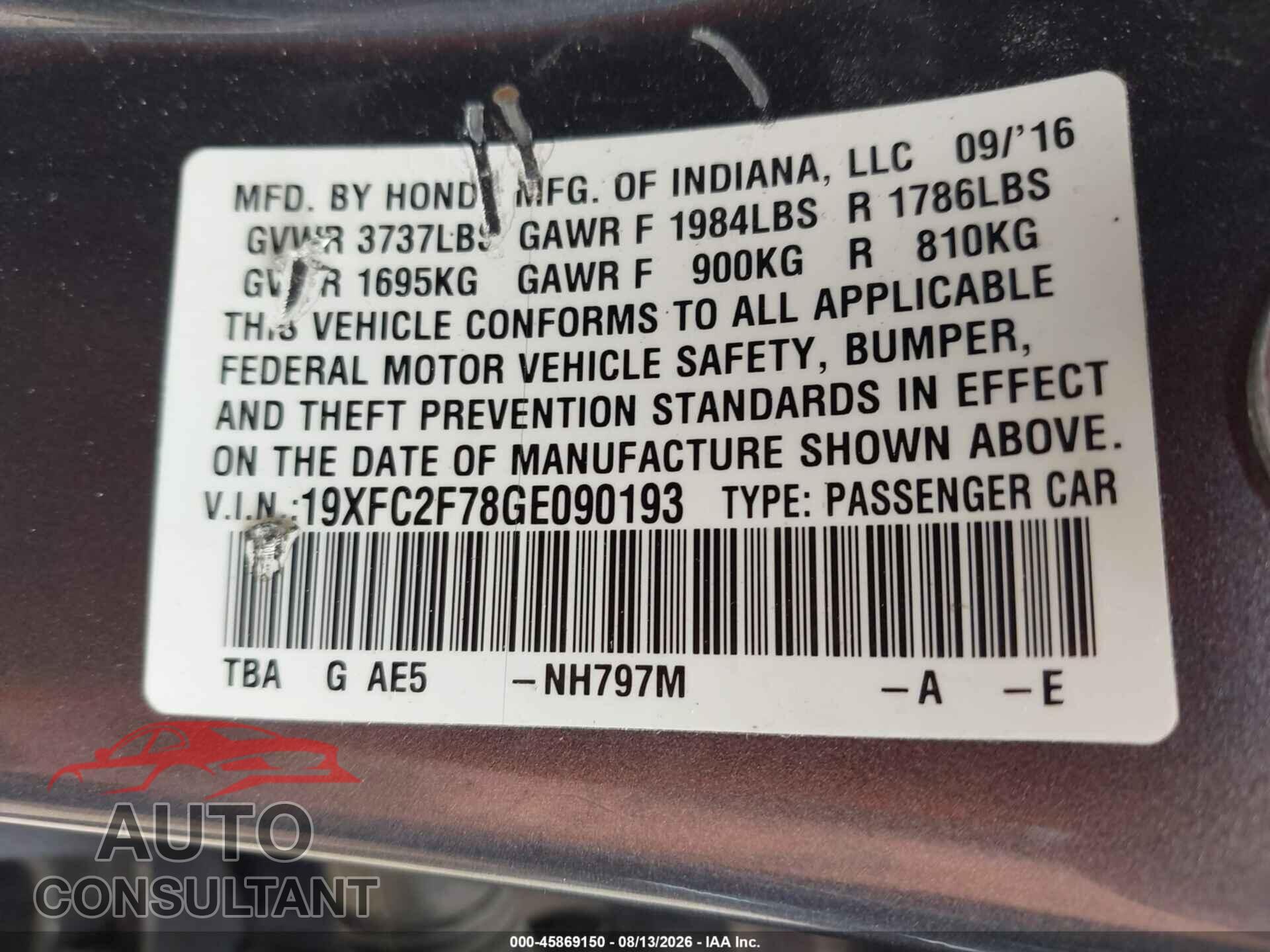 HONDA CIVIC 2016 - 19XFC2F78GE090193