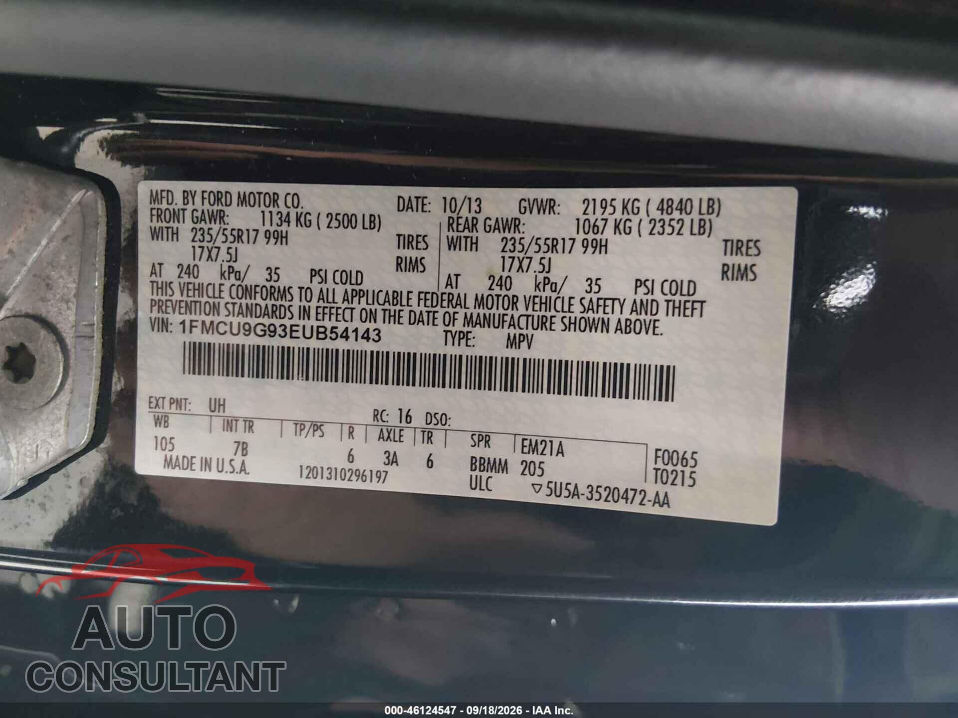 FORD ESCAPE 2014 - 1FMCU9G93EUB54143