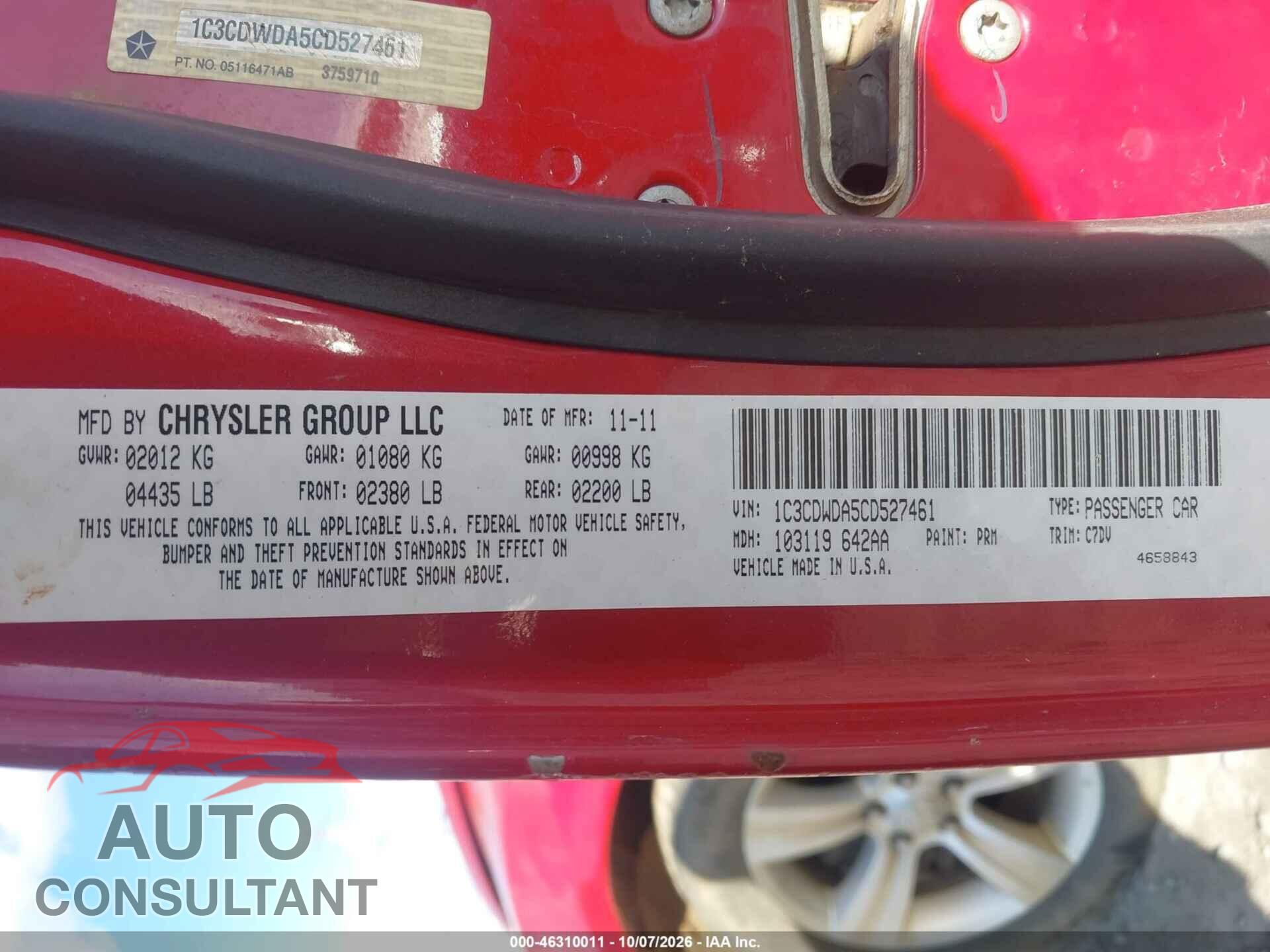 DODGE CALIBER 2012 - 1C3CDWDA5CD527461