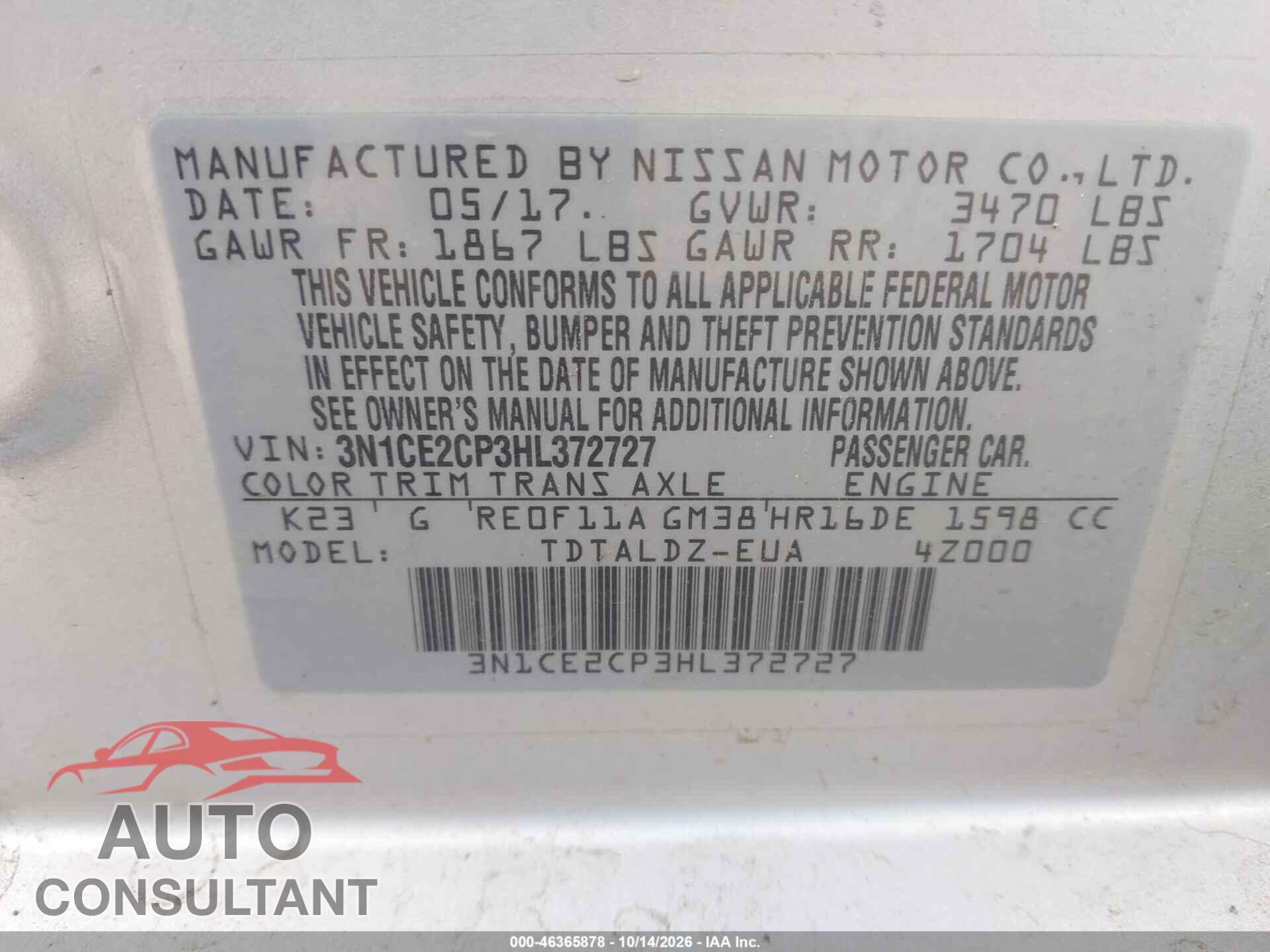 NISSAN VERSA NOTE 2017 - 3N1CE2CP3HL372727