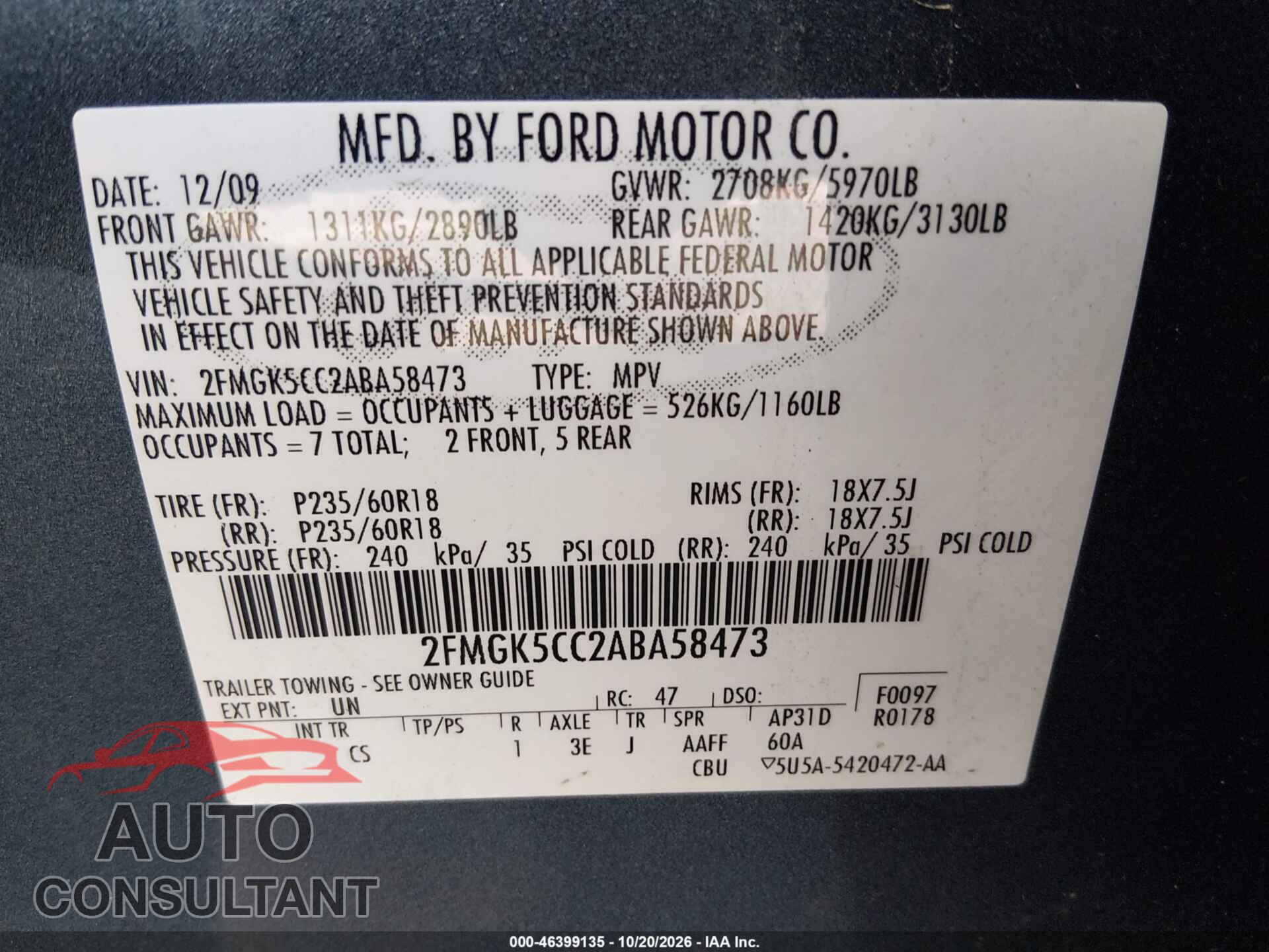 FORD FLEX 2010 - 2FMGK5CC2ABA58473