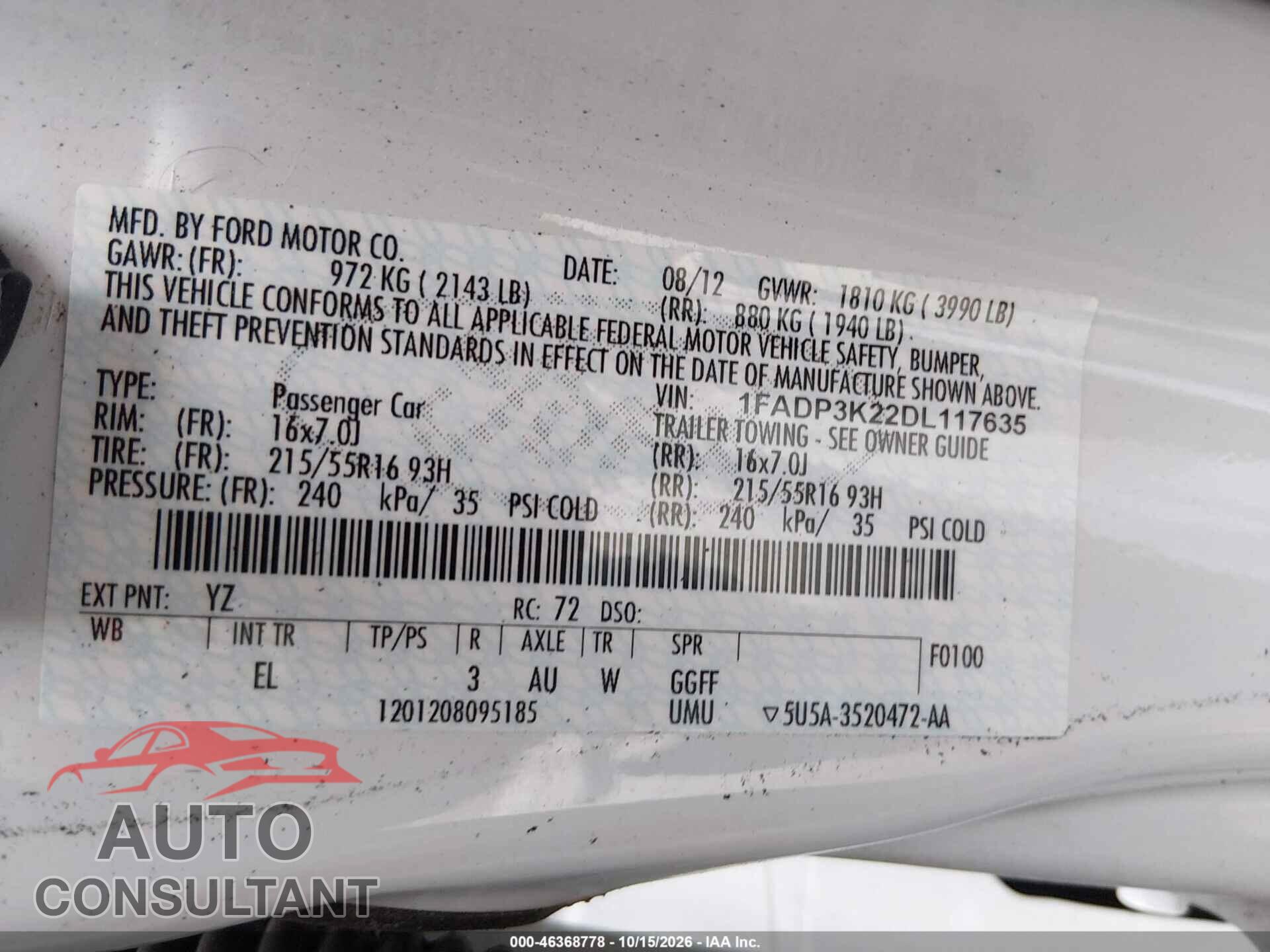 FORD FOCUS 2013 - 1FADP3K22DL117635