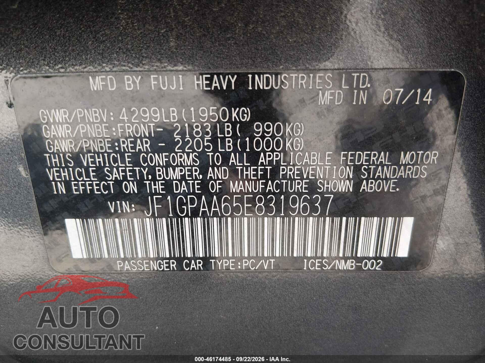 SUBARU IMPREZA 2014 - JF1GPAA65E8319637