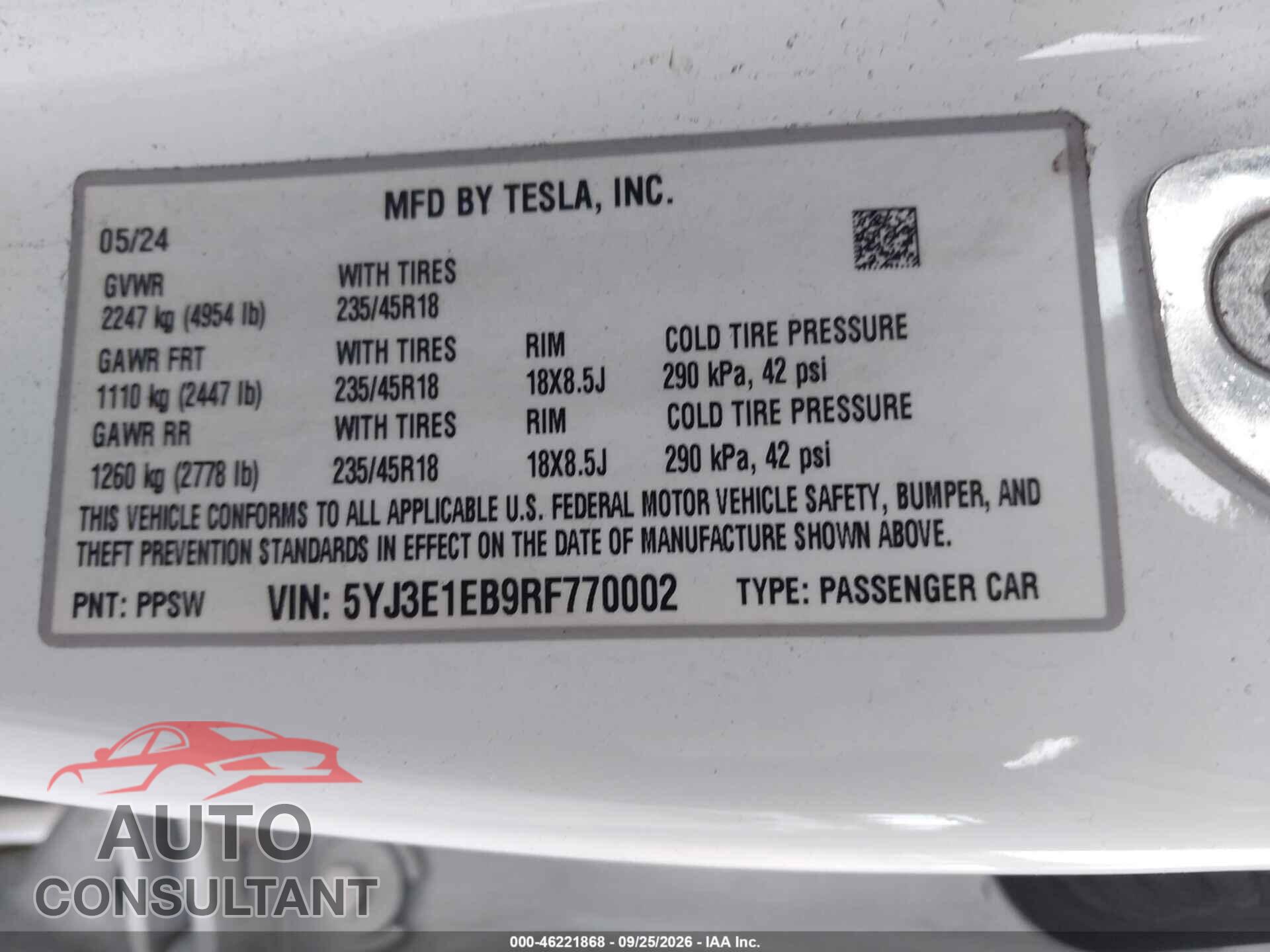 TESLA MODEL 3 2024 - 5YJ3E1EB9RF770002