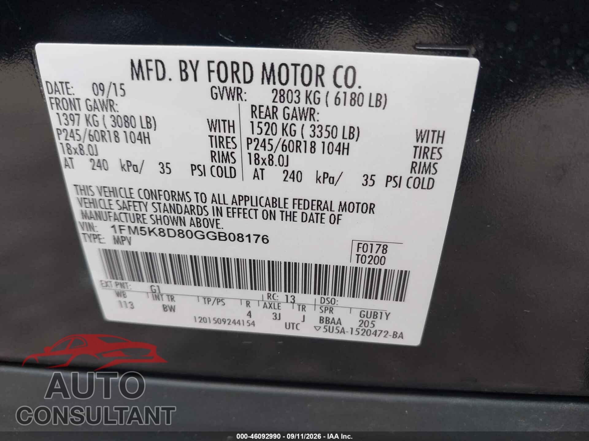 FORD EXPLORER 2016 - 1FM5K8D80GGB08176