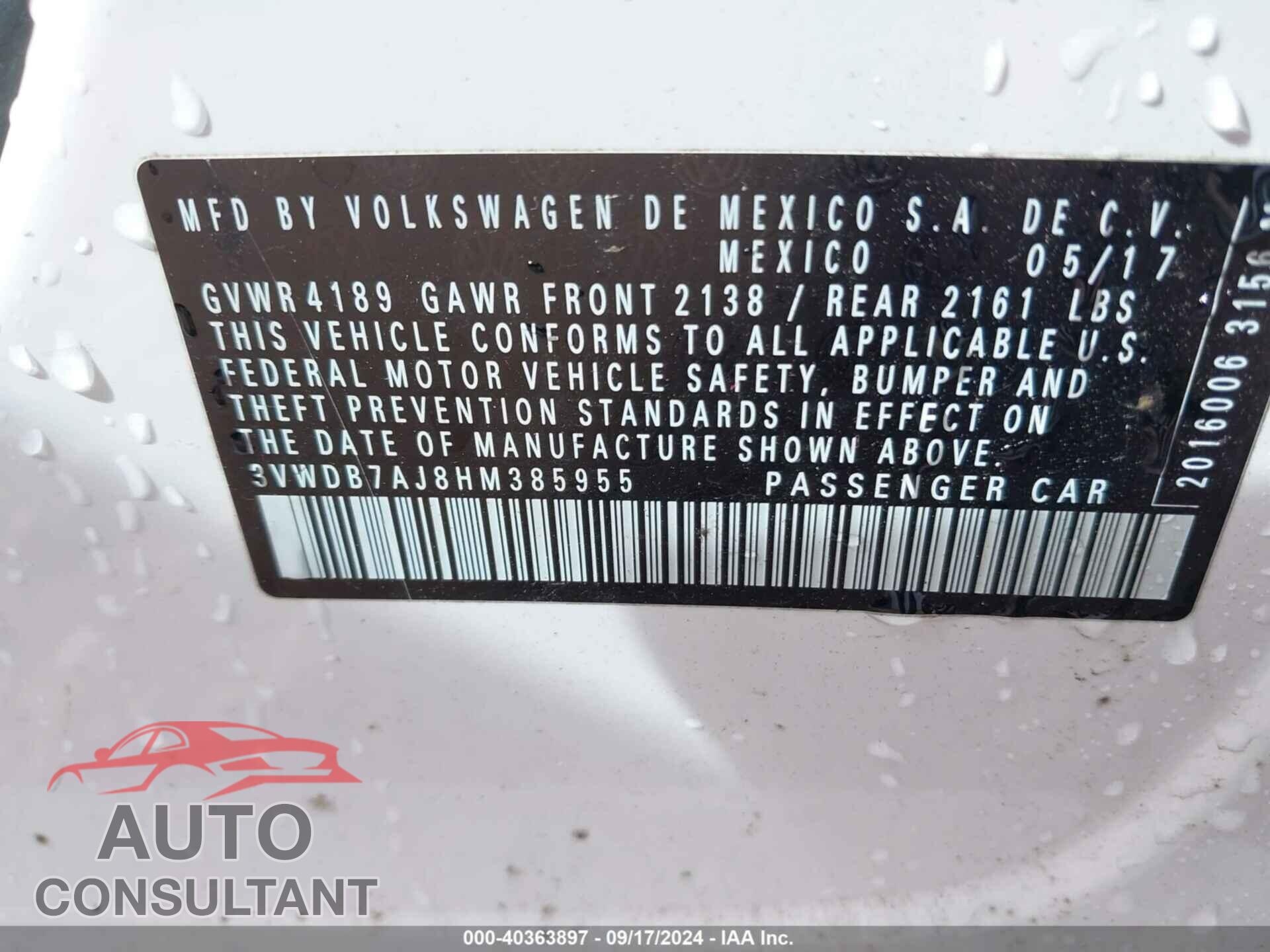 VOLKSWAGEN JETTA 2017 - 3VWDB7AJ8HM385955