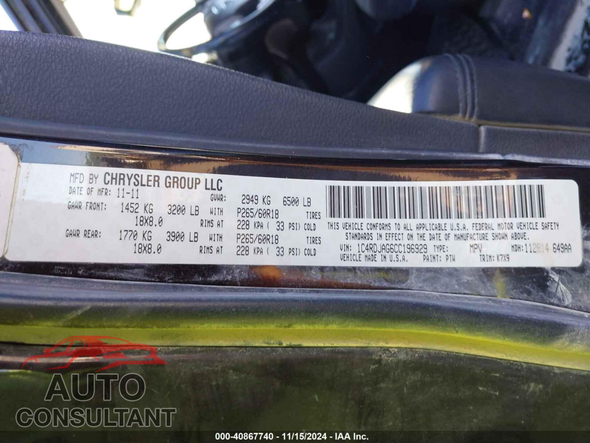 DODGE DURANGO 2012 - 1C4RDJAG6CC196929