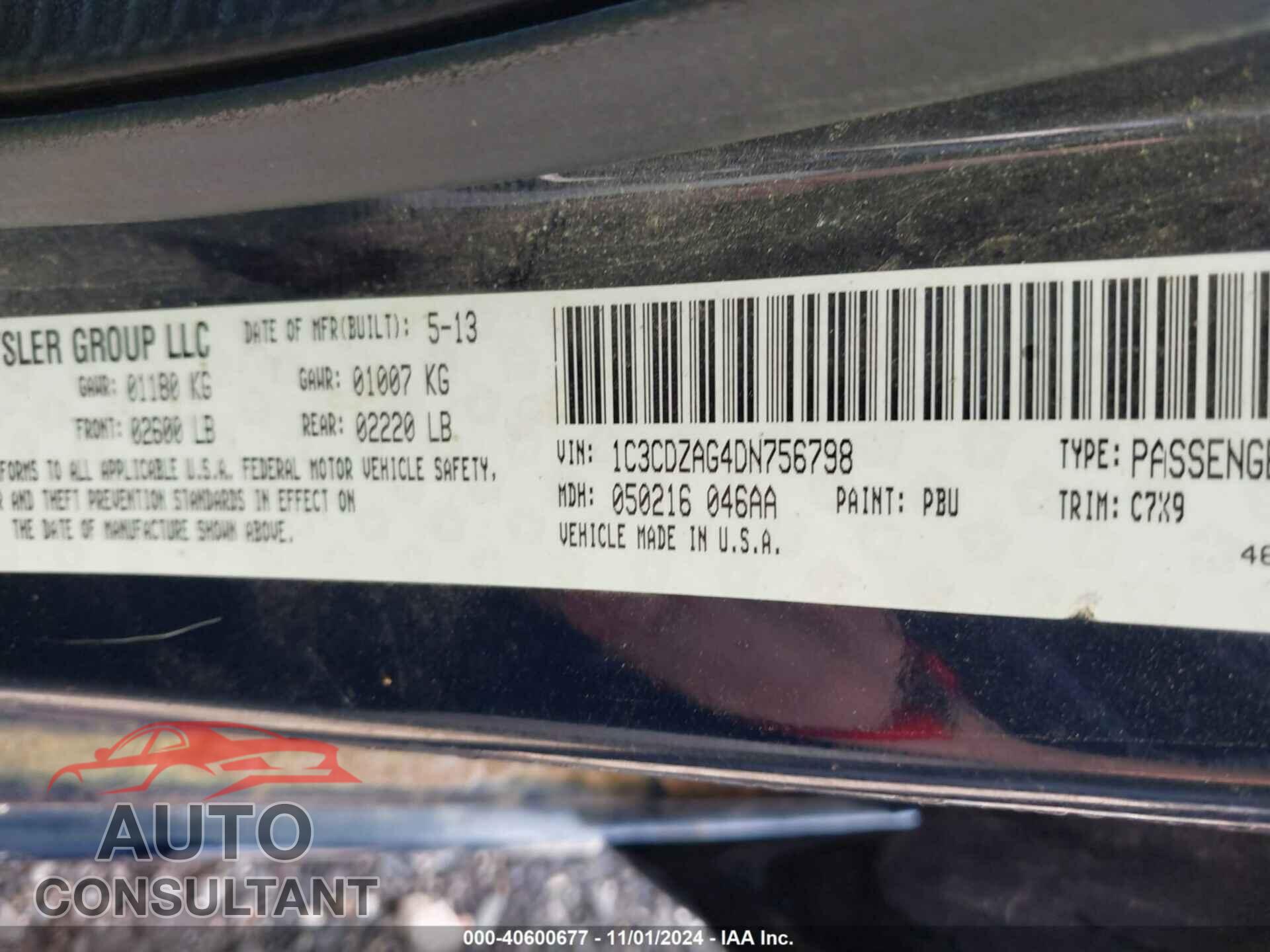 DODGE AVENGER 2013 - 1C3CDZAG4DN756798